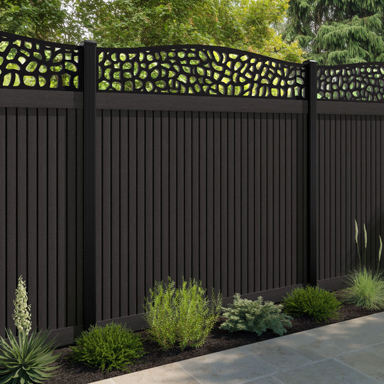 Virtis Pebble Curved Top Fence Panel - Dark Oak - with our aluminium posts