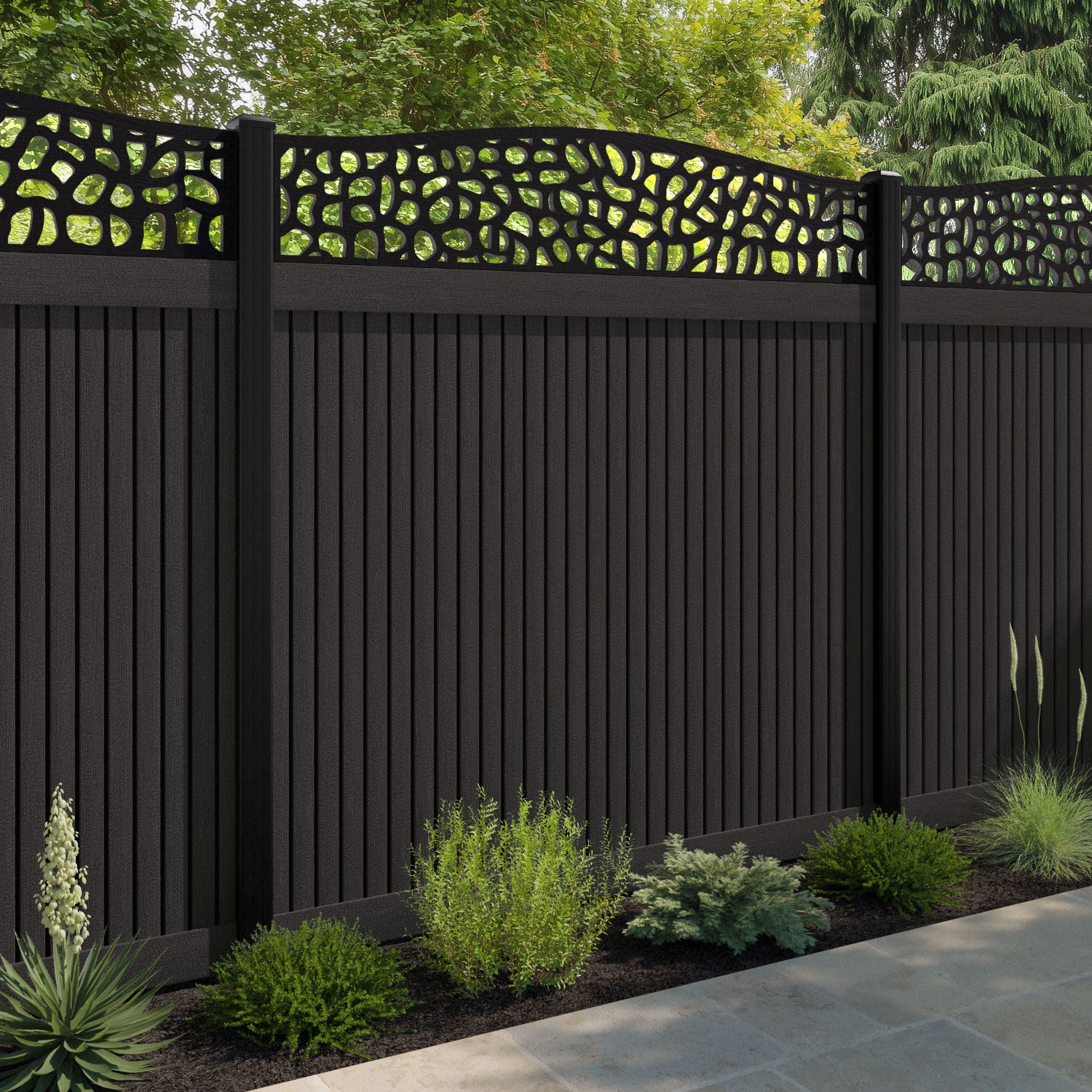 Virtis Pebble Curved Top Fence Panel - Dark Oak - with our composite posts