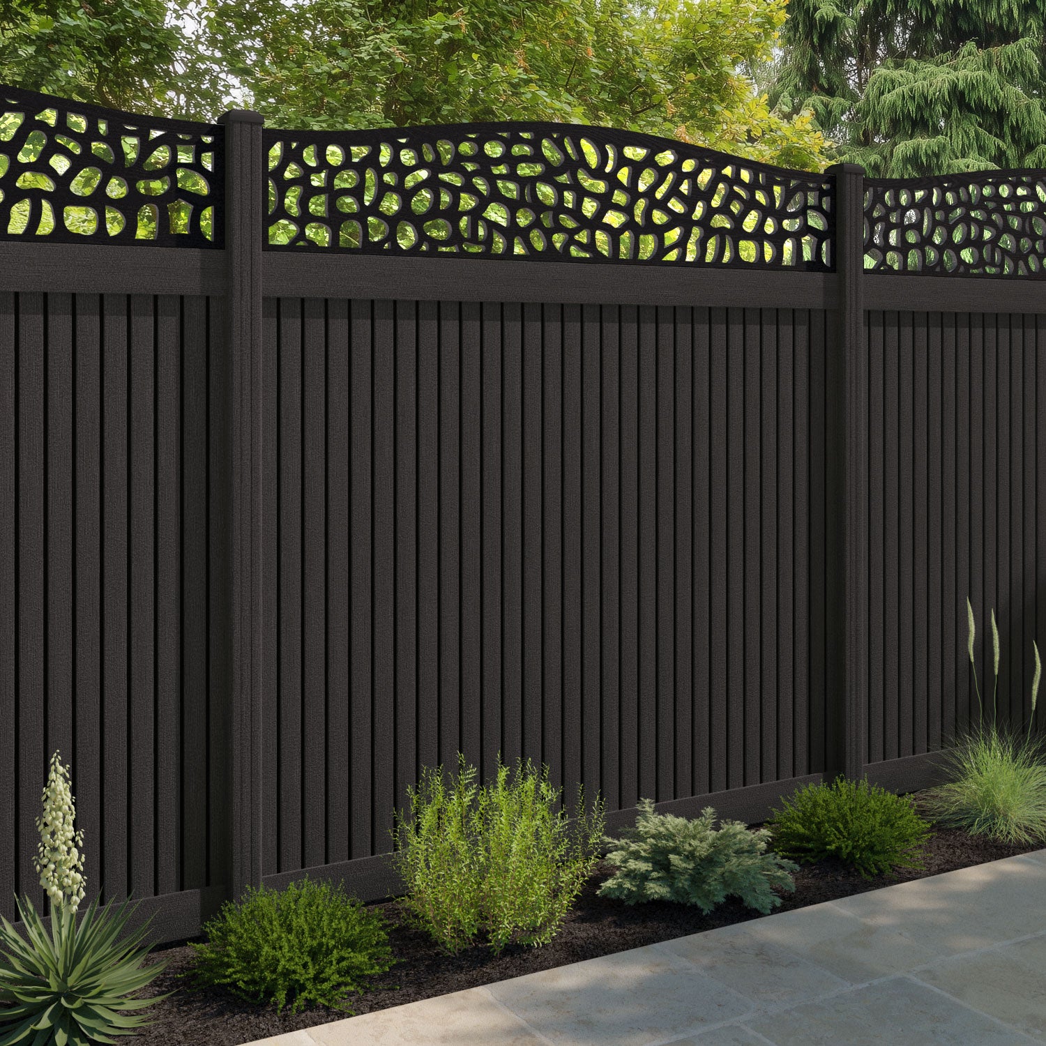 Virtis Pebble Curved Top Fence Panel - Dark Oak - with our composite posts