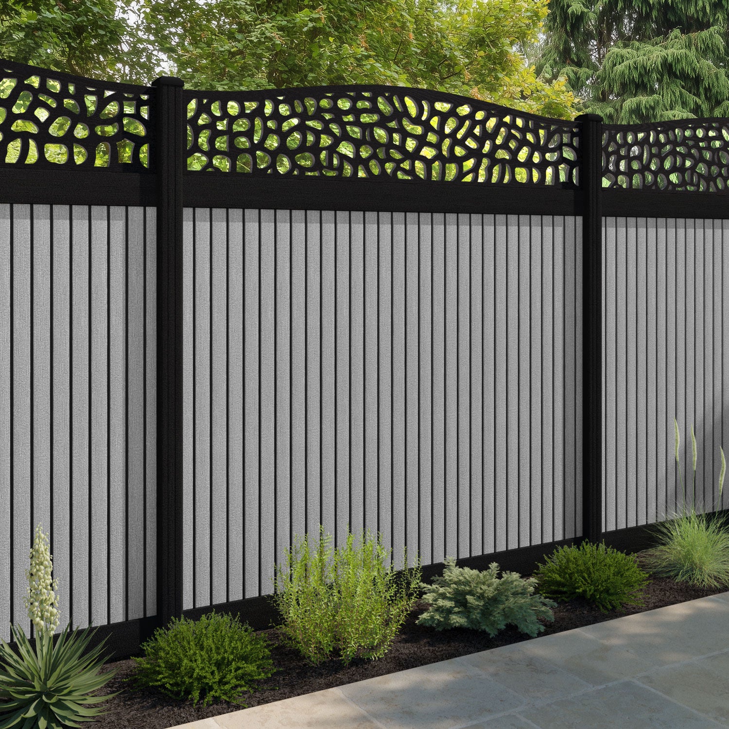 Virtis Pebble Curved Top Fence Panel - Light Grey - with our aluminium posts
