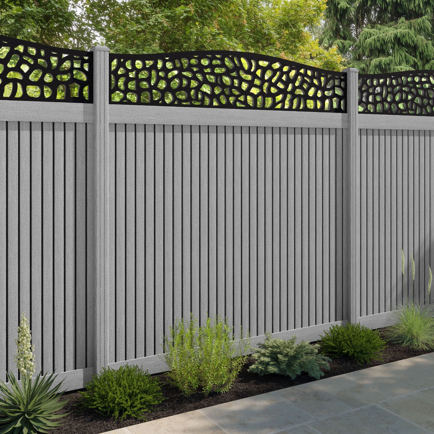 Virtis Pebble Curved Top Fence Panel - Light Grey - with our composite posts