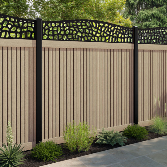 Virtis Pebble Curved Top Fence Panel - Light Oak - with our aluminium posts