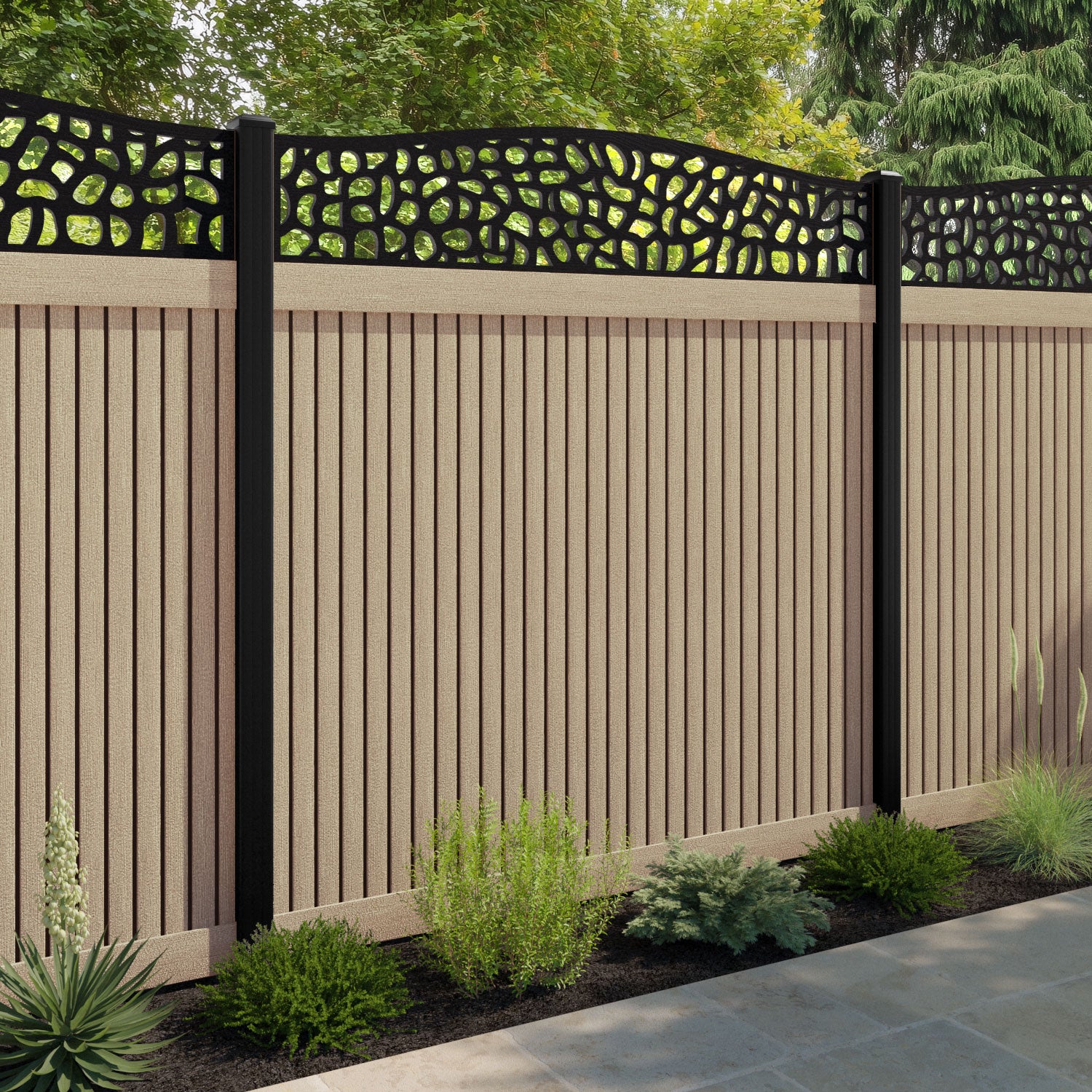 Virtis Pebble Curved Top Fence Panel - Light Oak - with our composite posts