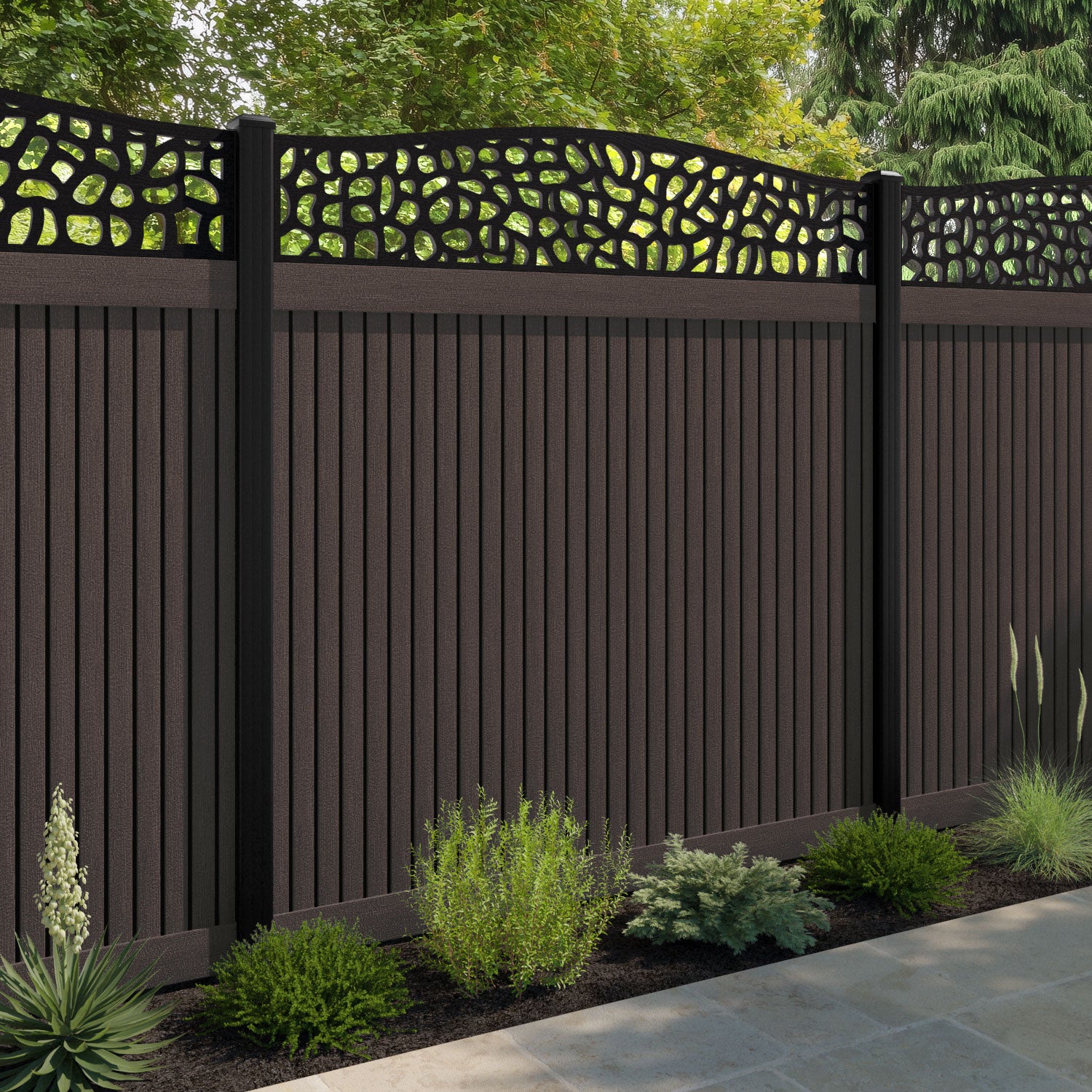 Virtis Pebble Curved Top Fence Panel - Mid Brown - with our composite posts