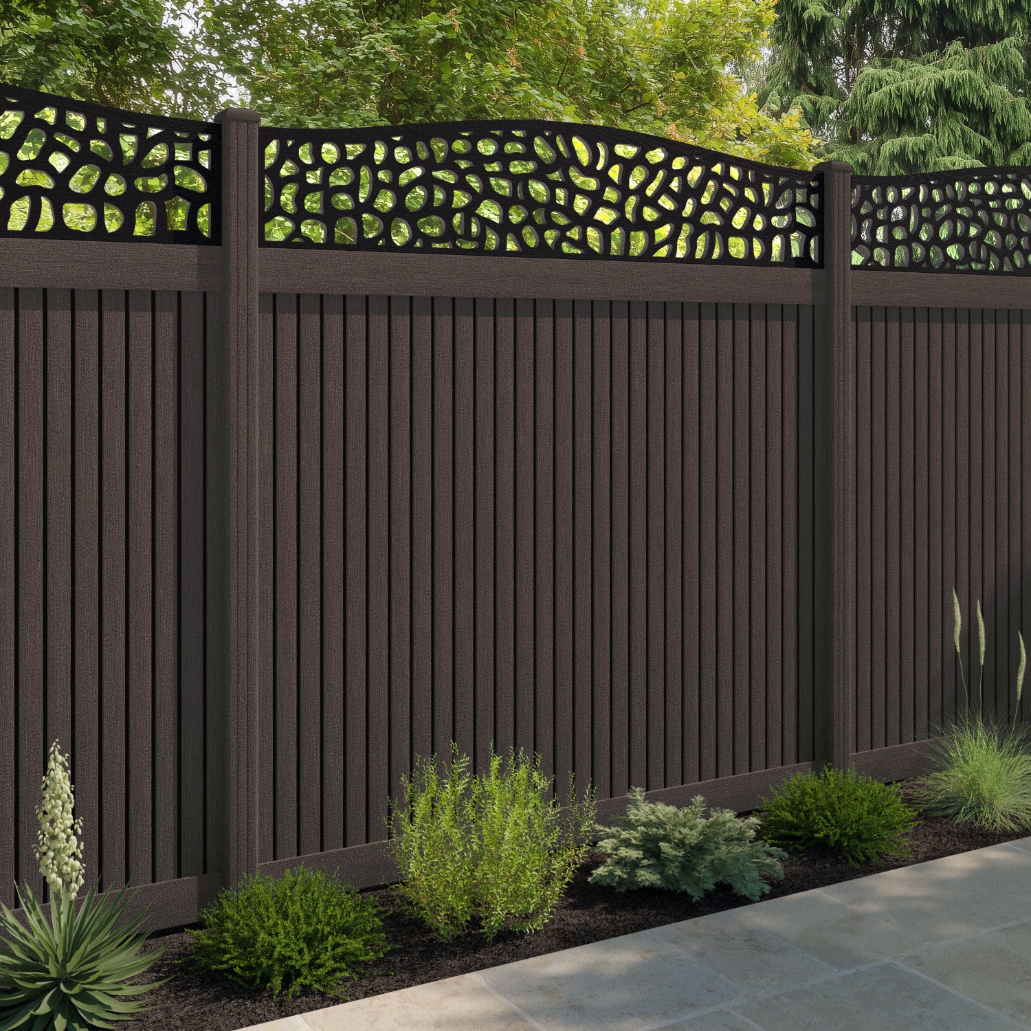 Virtis Pebble Curved Top Fence Panel - Mid Brown - with our composite posts