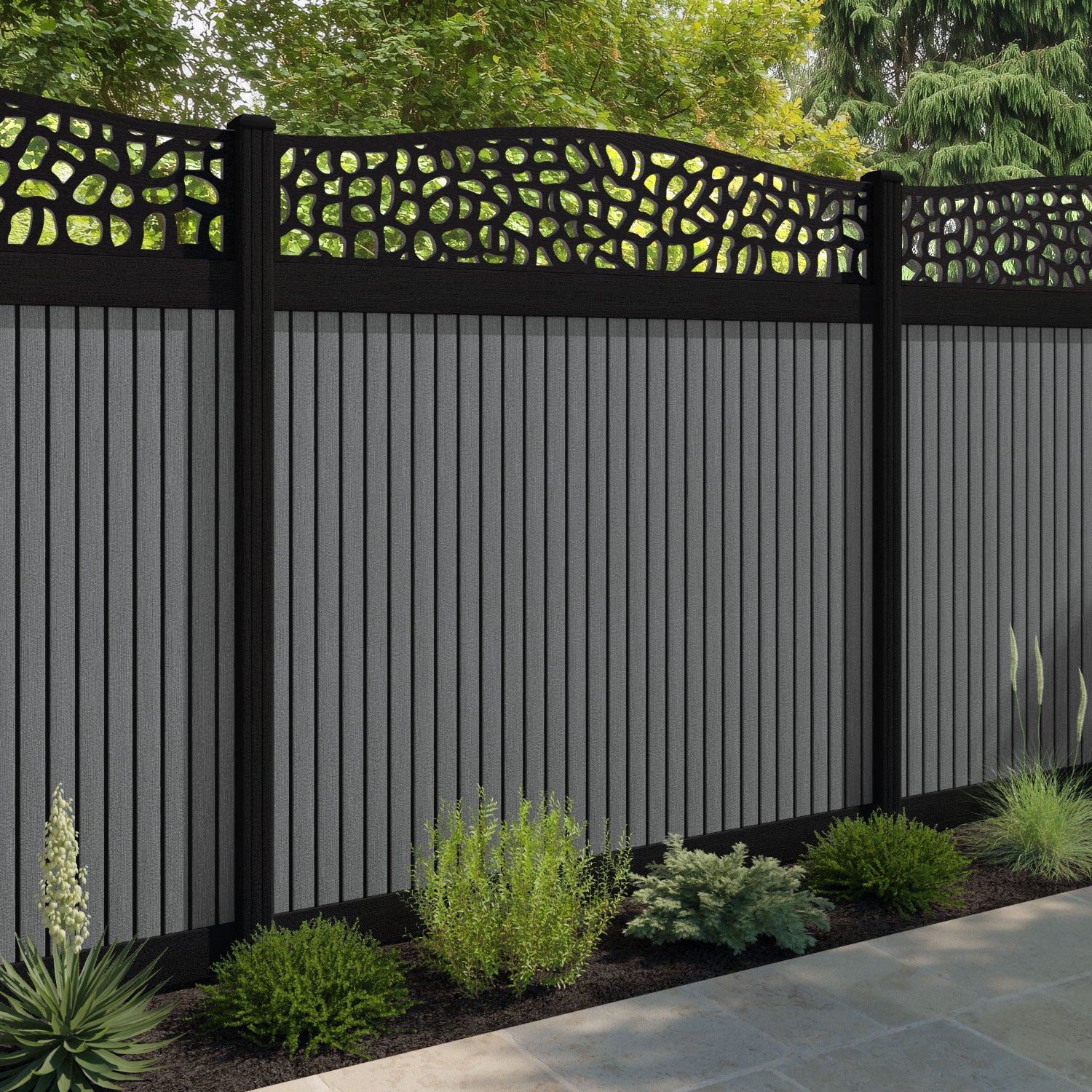 Virtis Pebble Curved Top Fence Panel - Mid Grey - with our composite posts