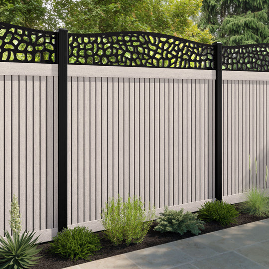 Virtis Pebble Curved Top Fence Panel - Mid Stone - with our aluminium posts