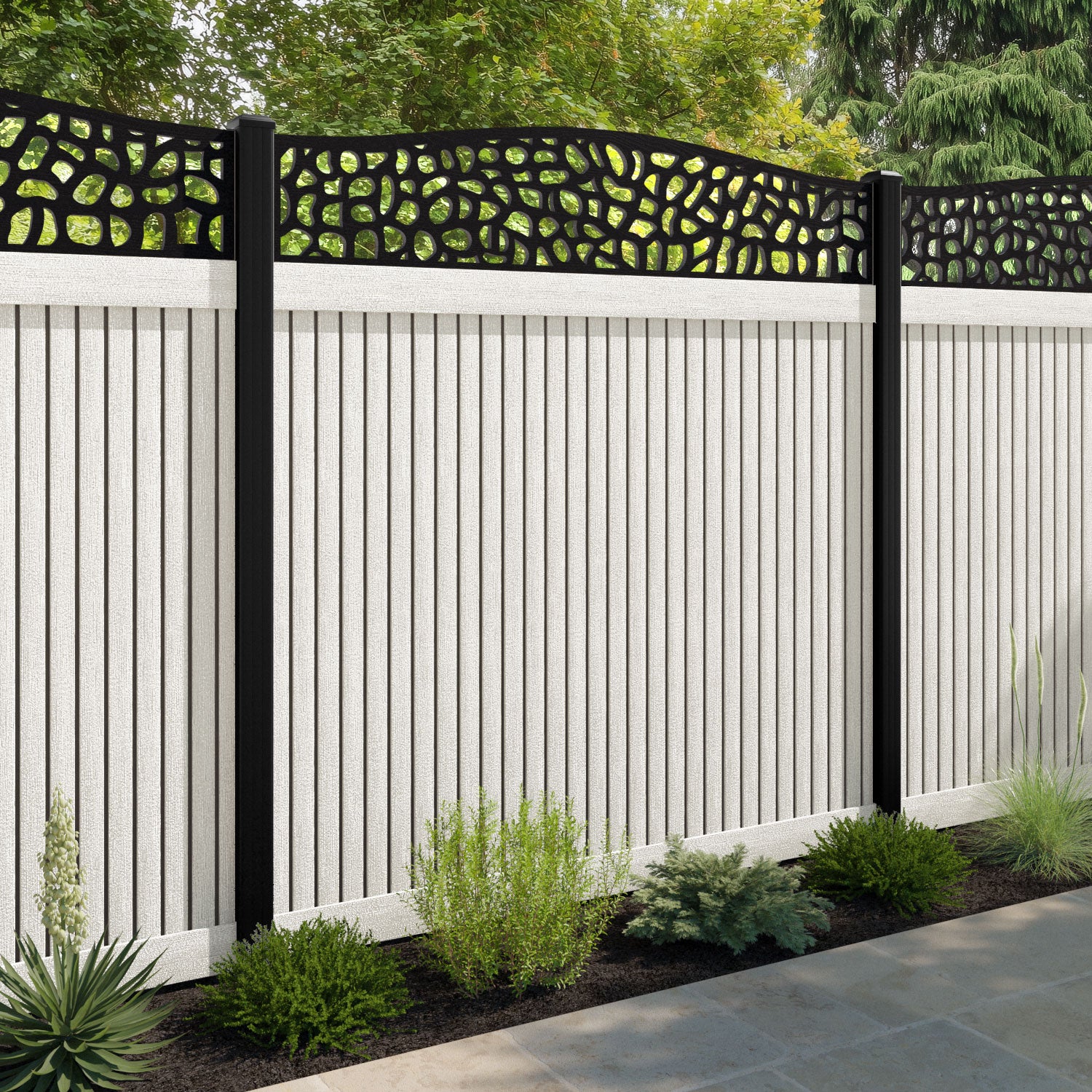 Virtis Pebble Curved Top Fence Panel - Light Stone - with our aluminium posts