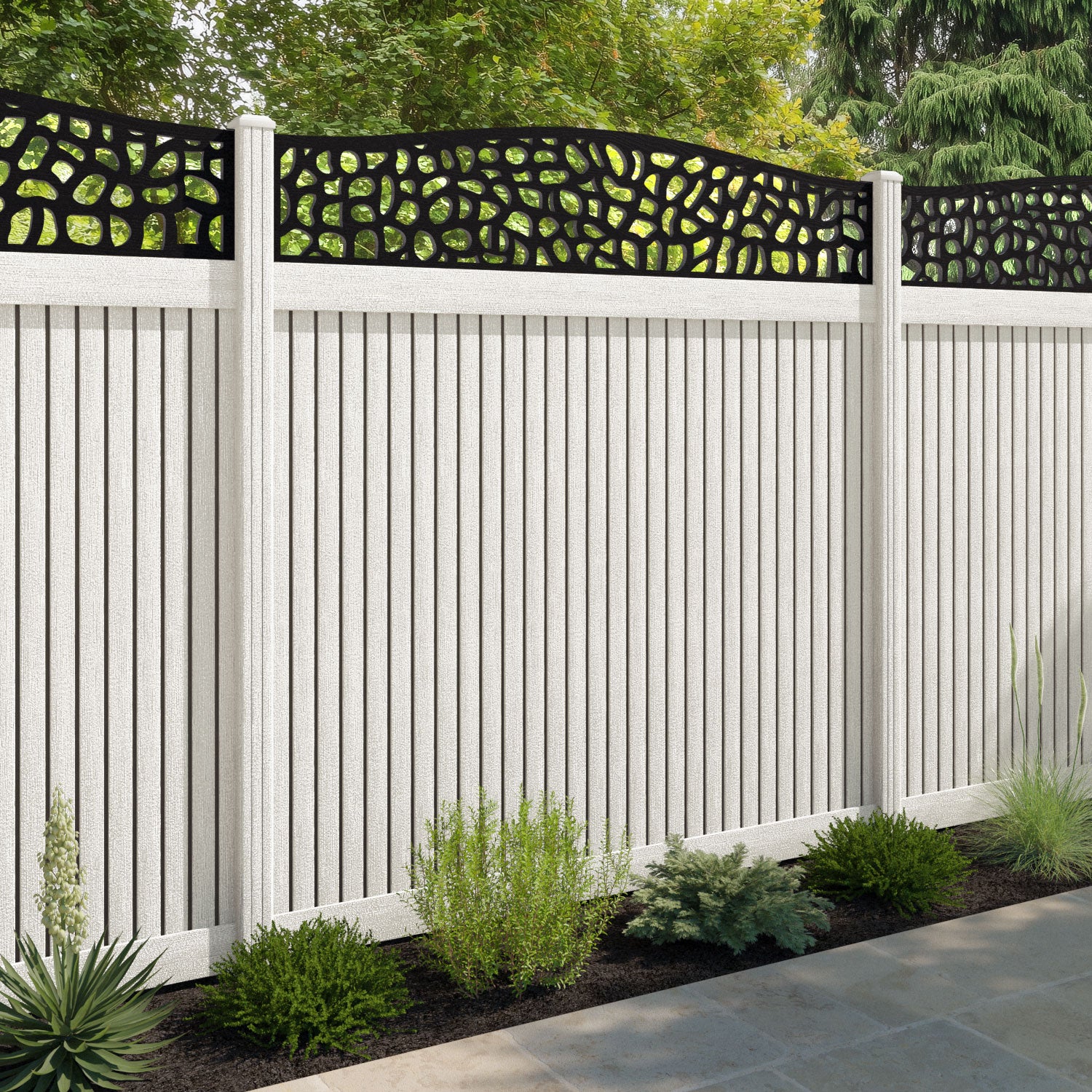 Virtis Pebble Curved Top Fence Panel - Light Stone - with our composite posts