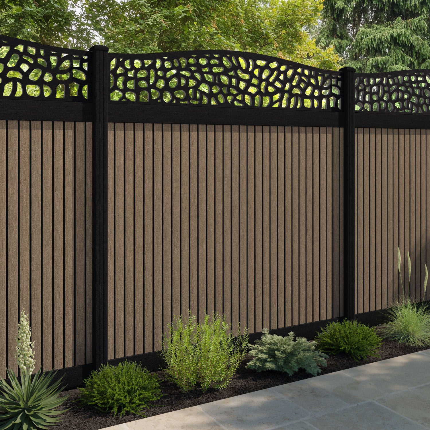 Virtis Pebble Curved Top Fence Panel - Teak - with our composite posts