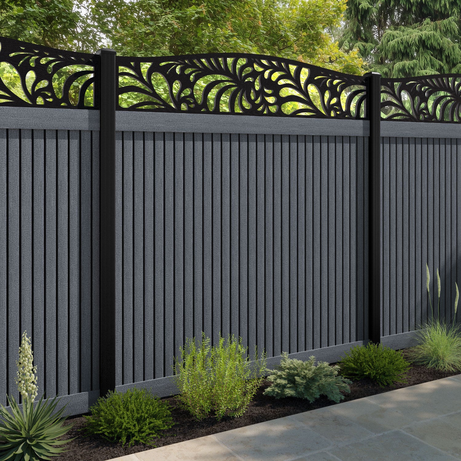 Virtis Petal Curved Top Fence Panel - Anthracite - with our composite posts