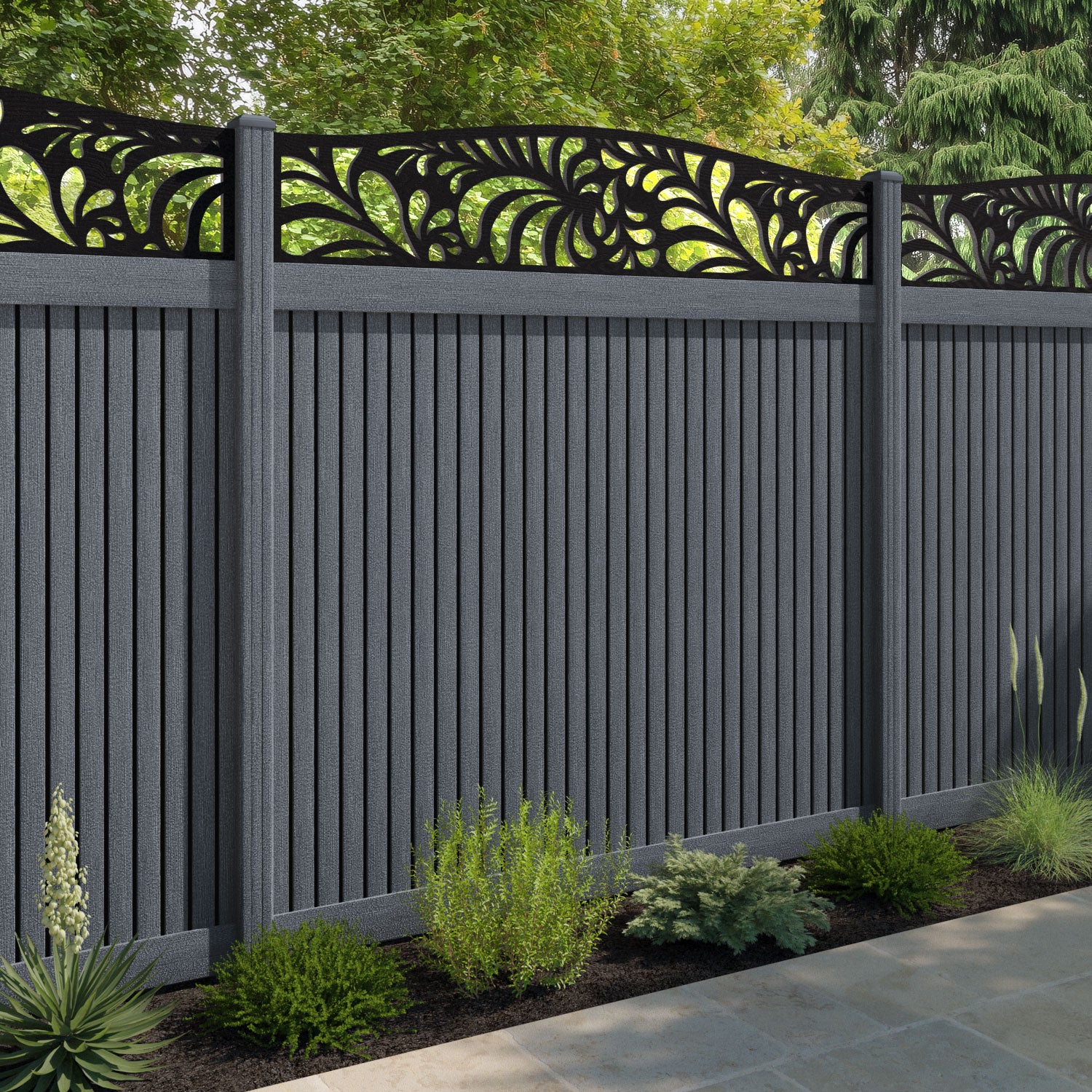 Virtis Petal Curved Top Fence Panel - Anthracite - with our composite posts