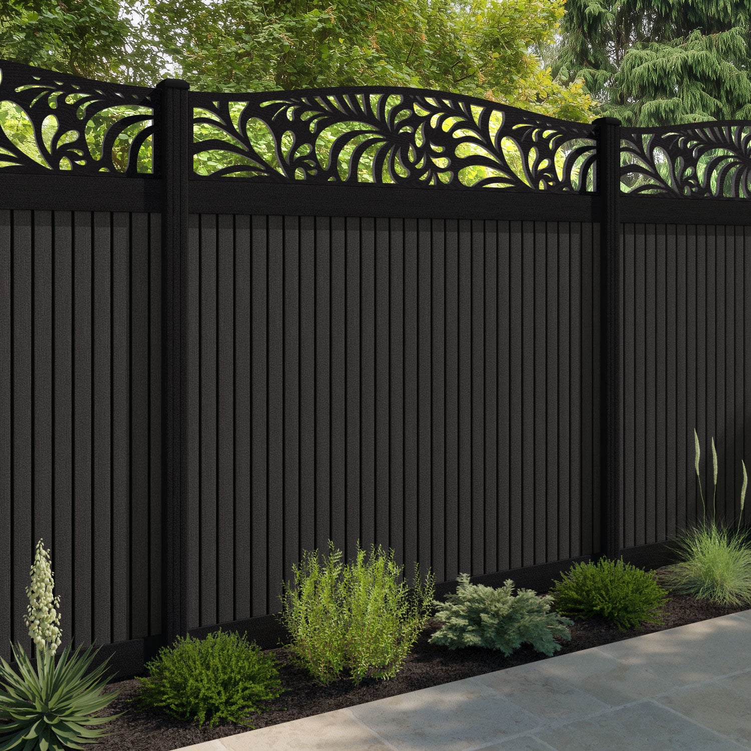 Virtis Petal Curved Top Fence Panel - Dark Oak - with our aluminium posts