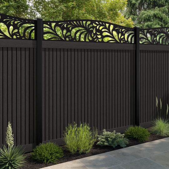 Virtis Petal Curved Top Fence Panel - Dark Oak - with our aluminium posts