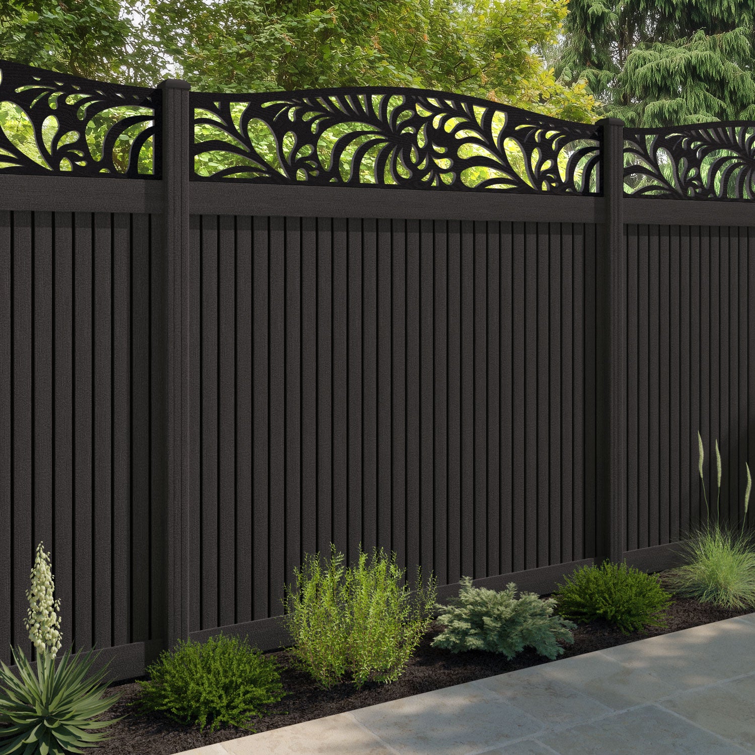 Virtis Petal Curved Top Fence Panel - Dark Oak - with our composite posts