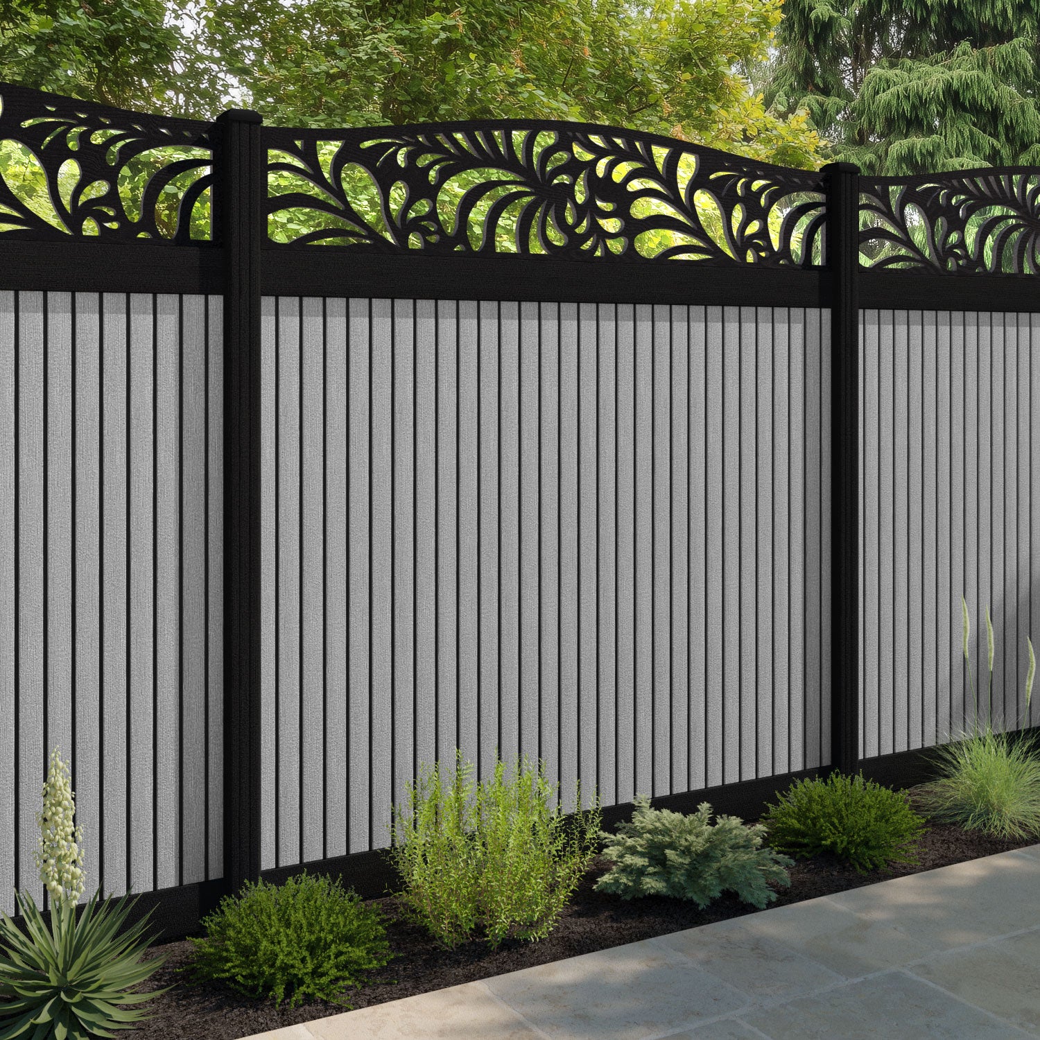 Virtis Petal Curved Top Fence Panel - Light Grey - with our composite posts