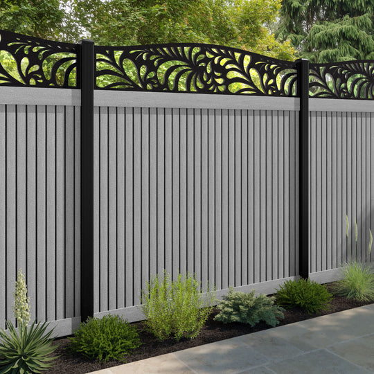 Virtis Petal Curved Top Fence Panel - Light Grey - with our aluminium posts