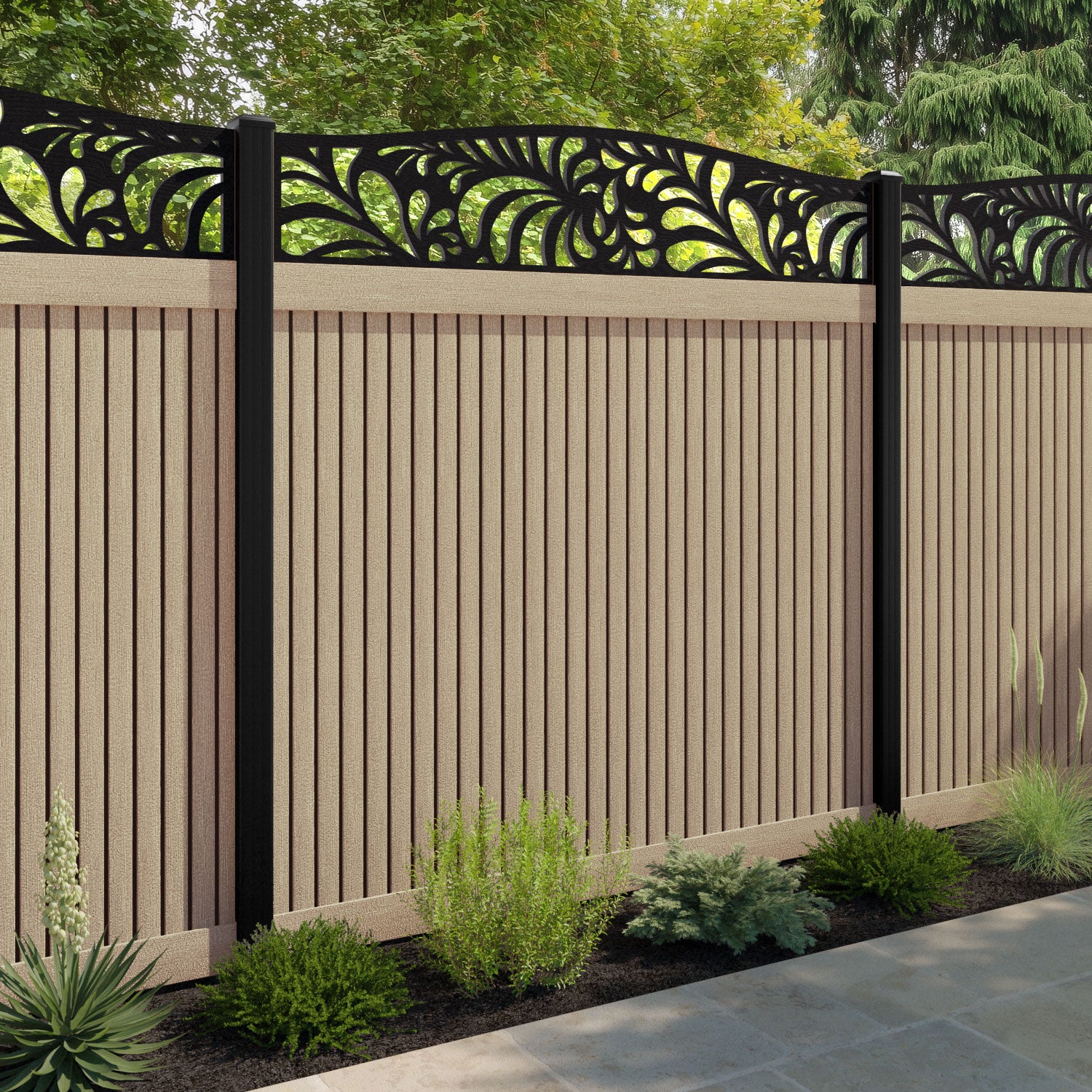 Virtis Petal Curved Top Fence Panel - Light Oak - with our composite posts