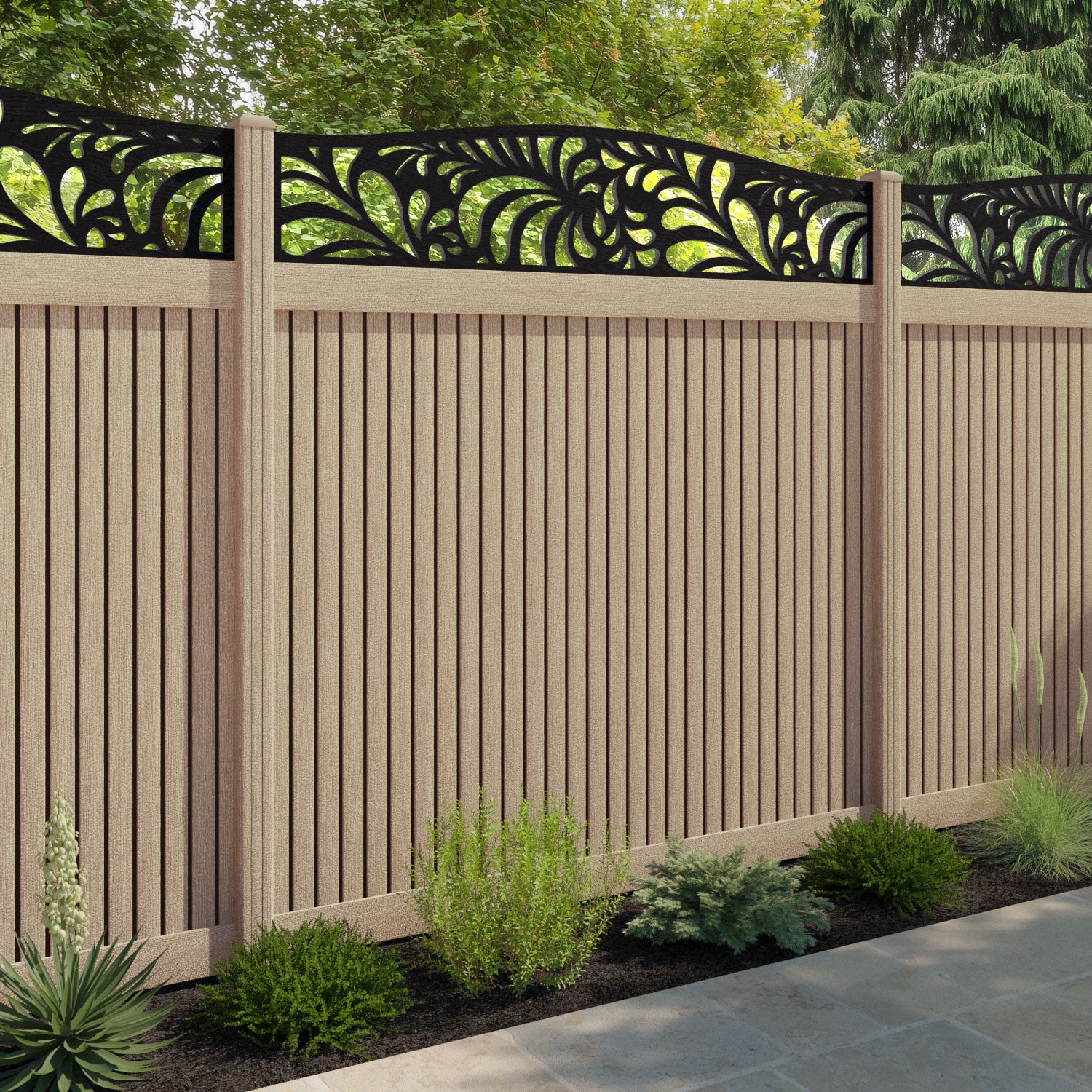Virtis Petal Curved Top Fence Panel - Light Oak - with our composite posts