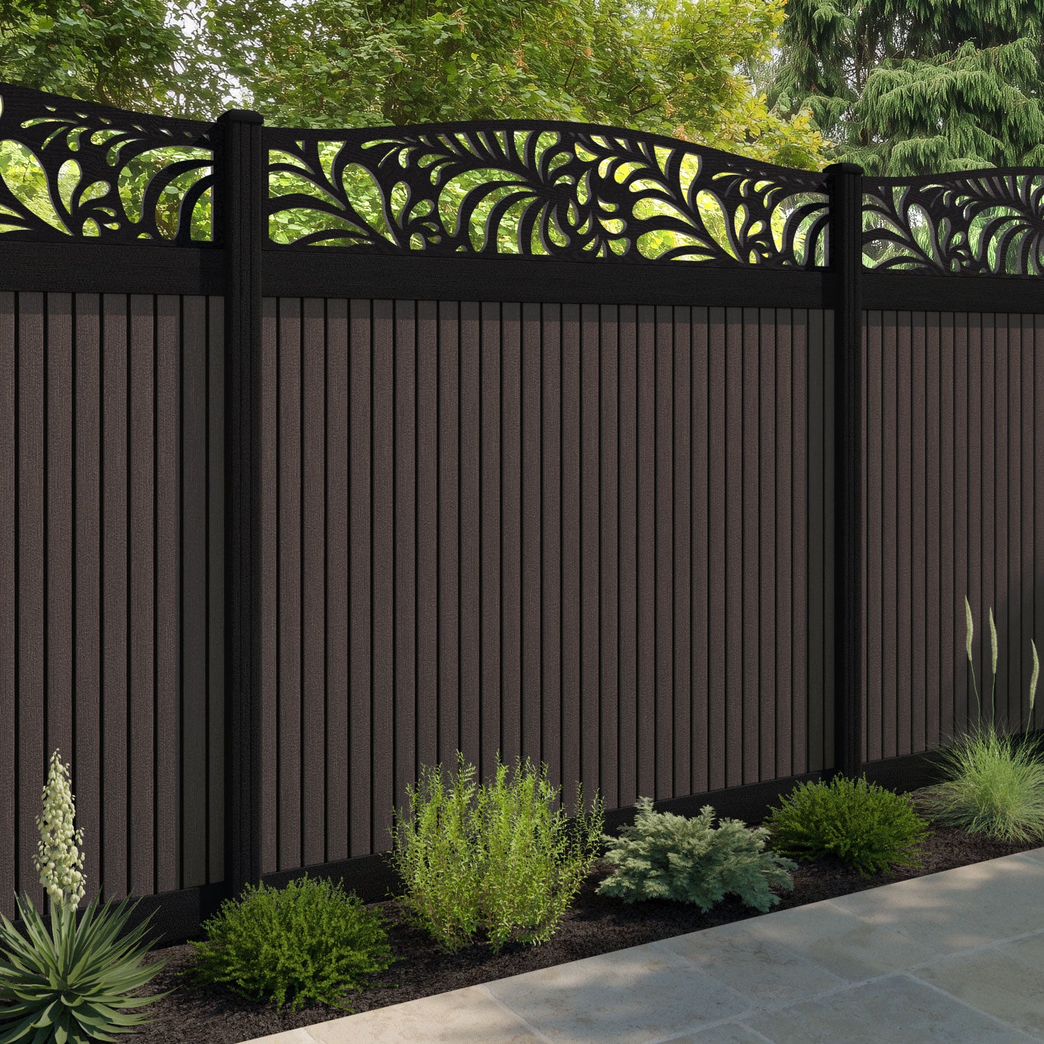 Virtis Petal Curved Top Fence Panel - Mid Brown - with our composite posts