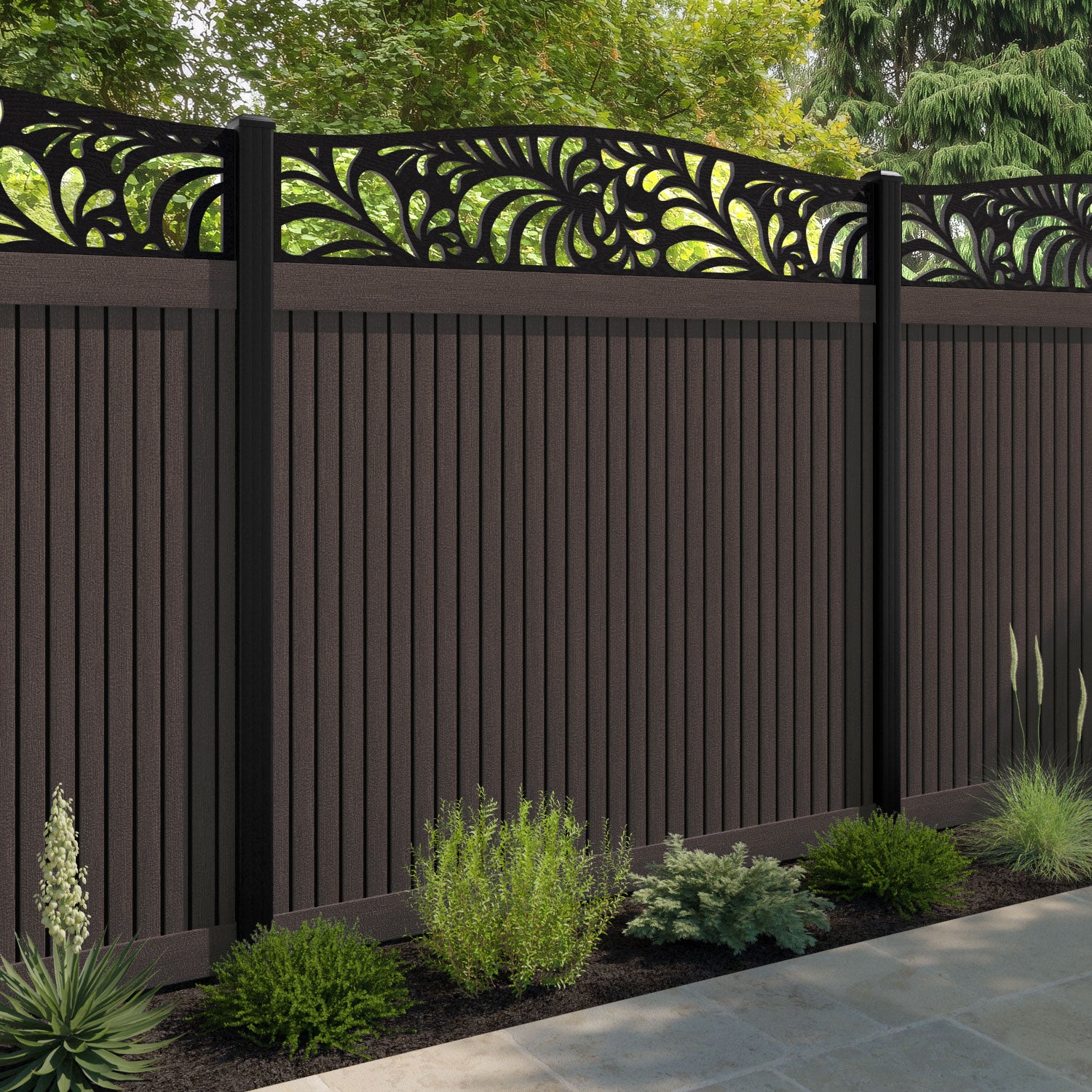 Virtis Petal Curved Top Fence Panel - Mid Brown - with our aluminium posts