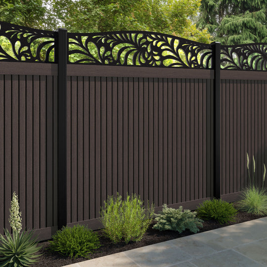 Virtis Petal Curved Top Fence Panel - Mid Brown - with our aluminium posts