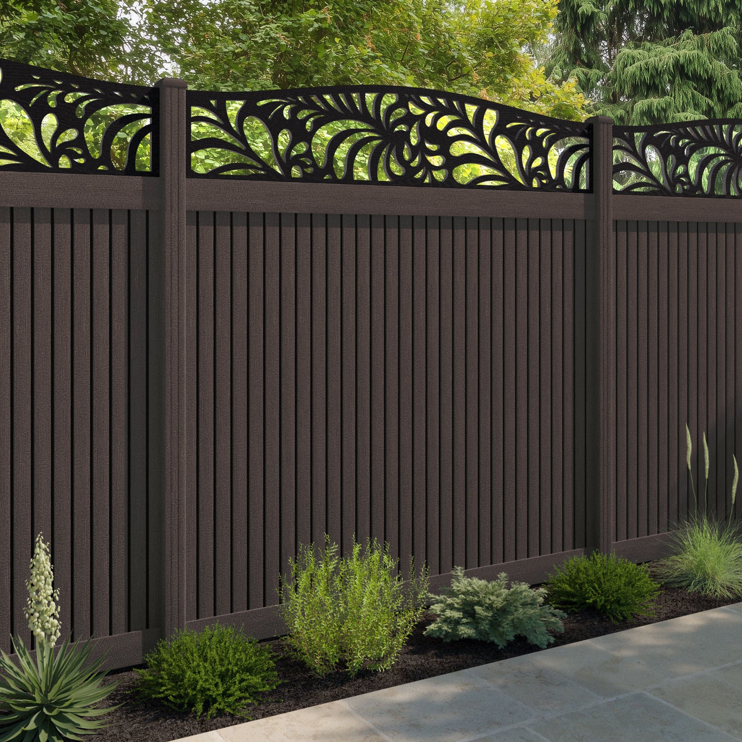 Virtis Petal Curved Top Fence Panel - Mid Brown - with our composite posts
