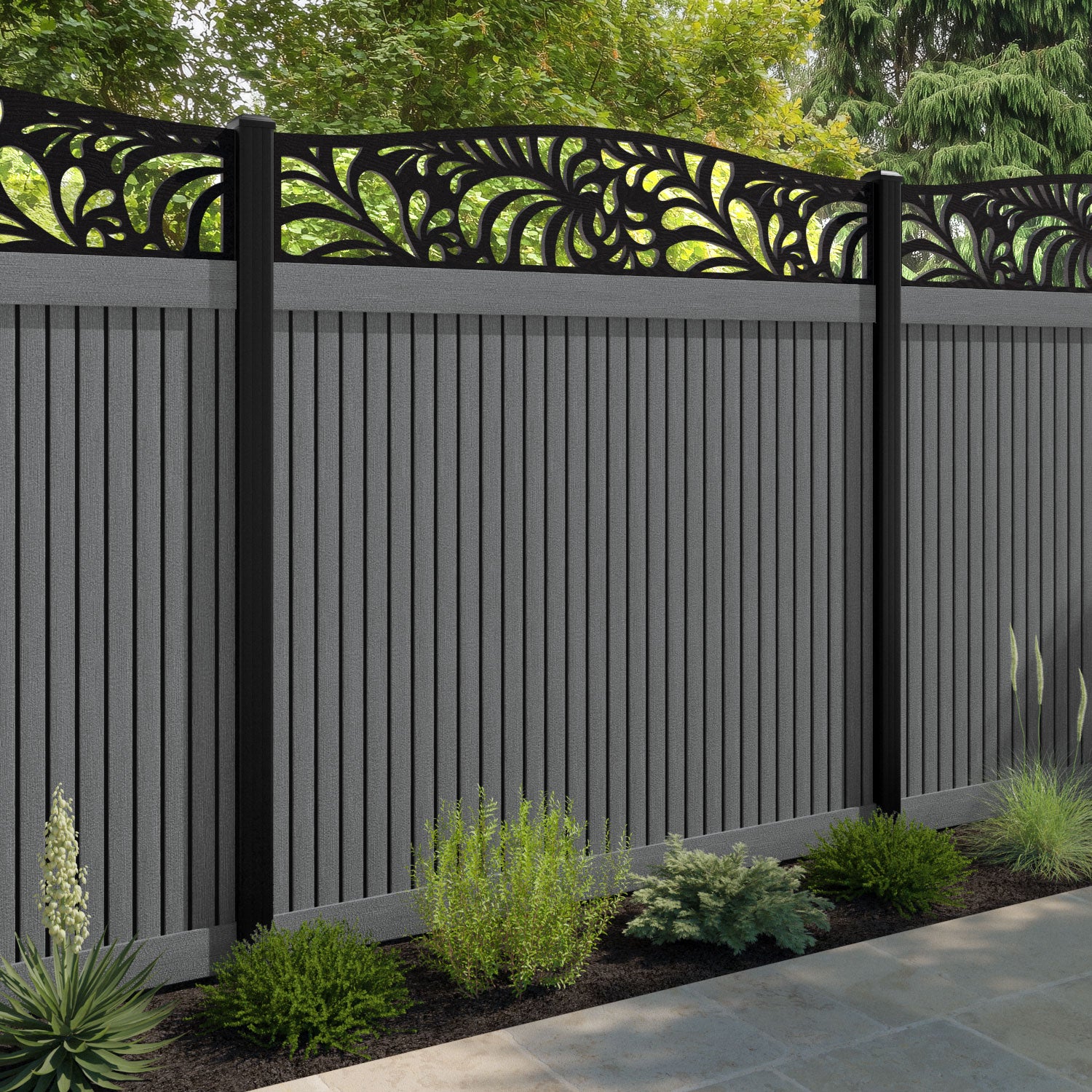 Virtis Petal Curved Top Fence Panel - Mid Grey - with our composite posts