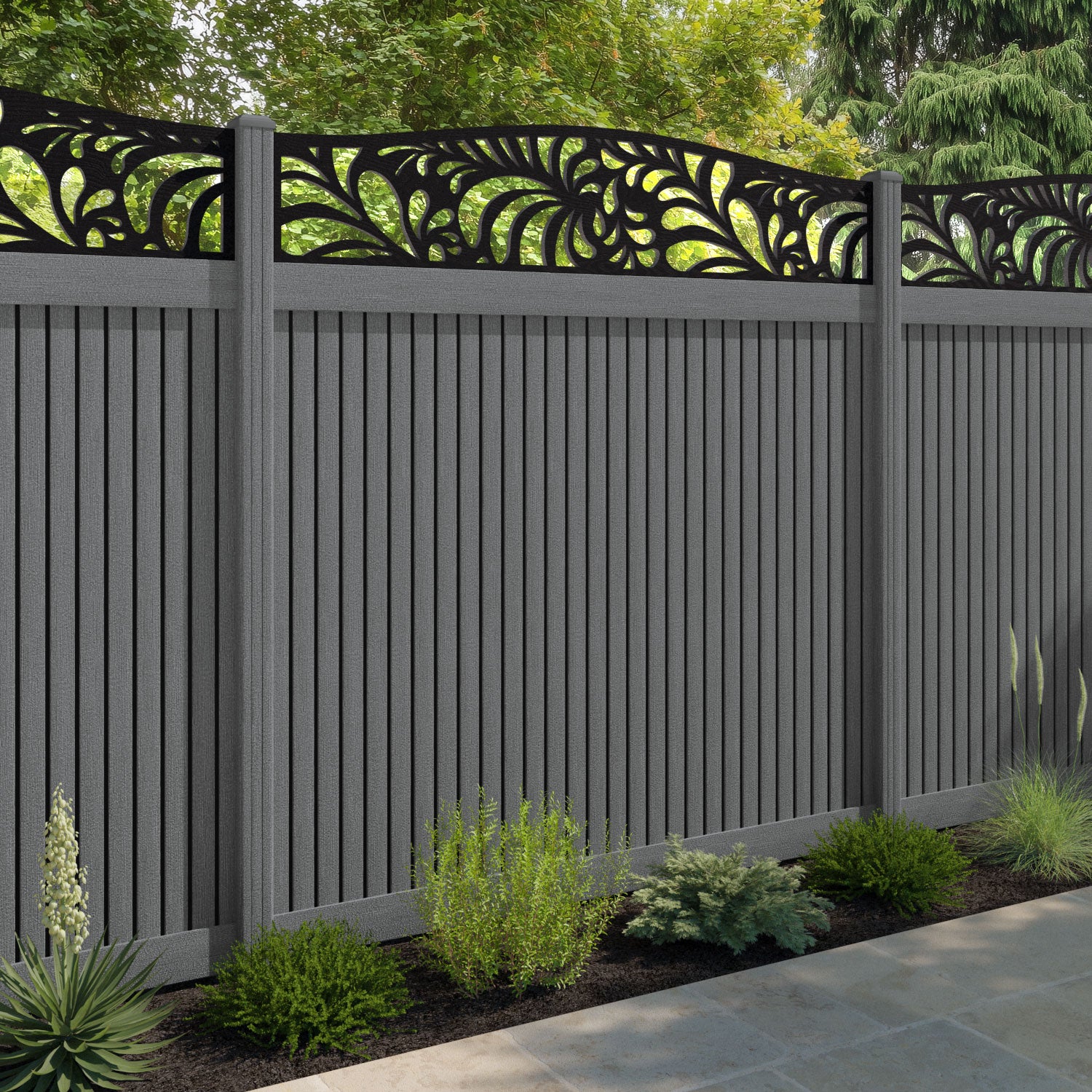 Virtis Petal Curved Top Fence Panel - Mid Grey - with our composite posts
