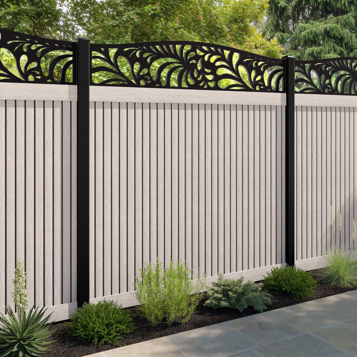 Virtis Petal Curved Top Fence Panel - Mid Stone - with our aluminium posts