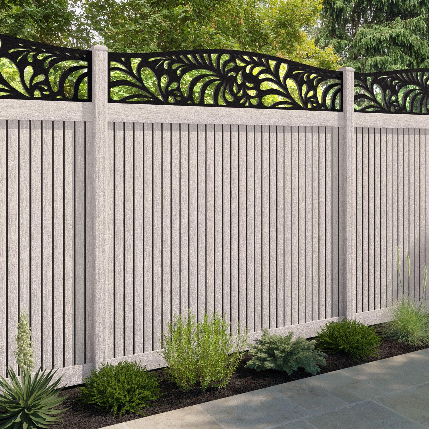 Virtis Petal Curved Top Fence Panel - Mid Stone - with our composite posts