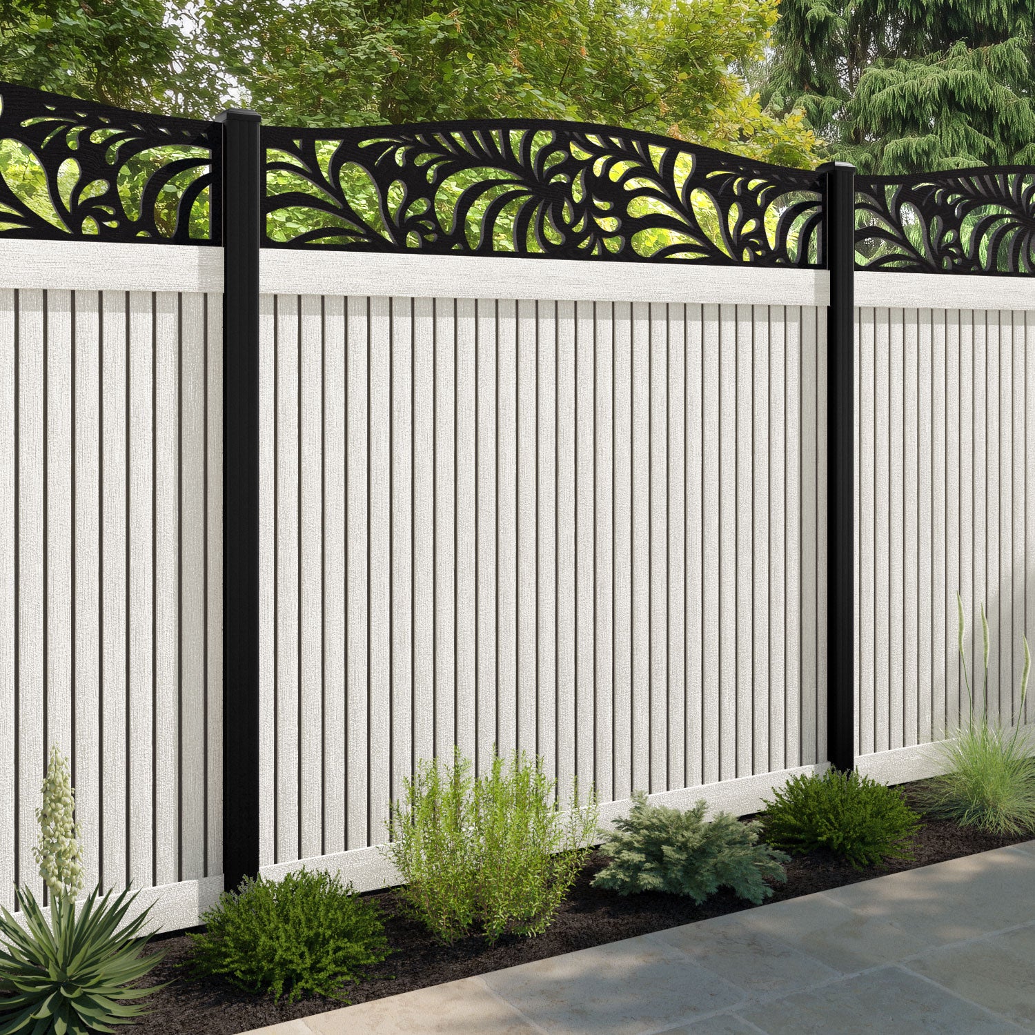 Virtis Petal Curved Top Fence Panel - Light Stone - with our composite posts