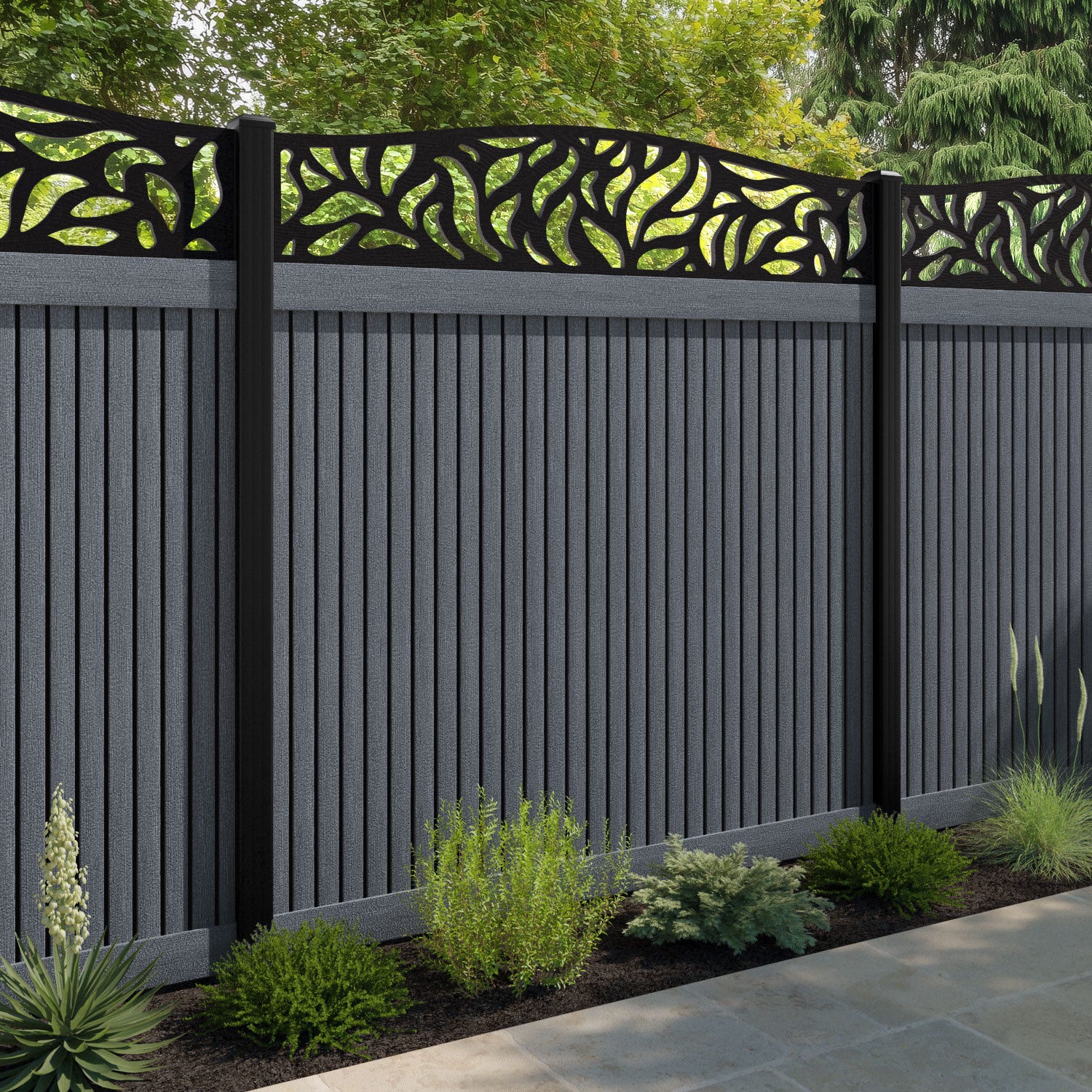 Virtis Plume Curved Top Fence Panel - Anthracite - with our composite posts