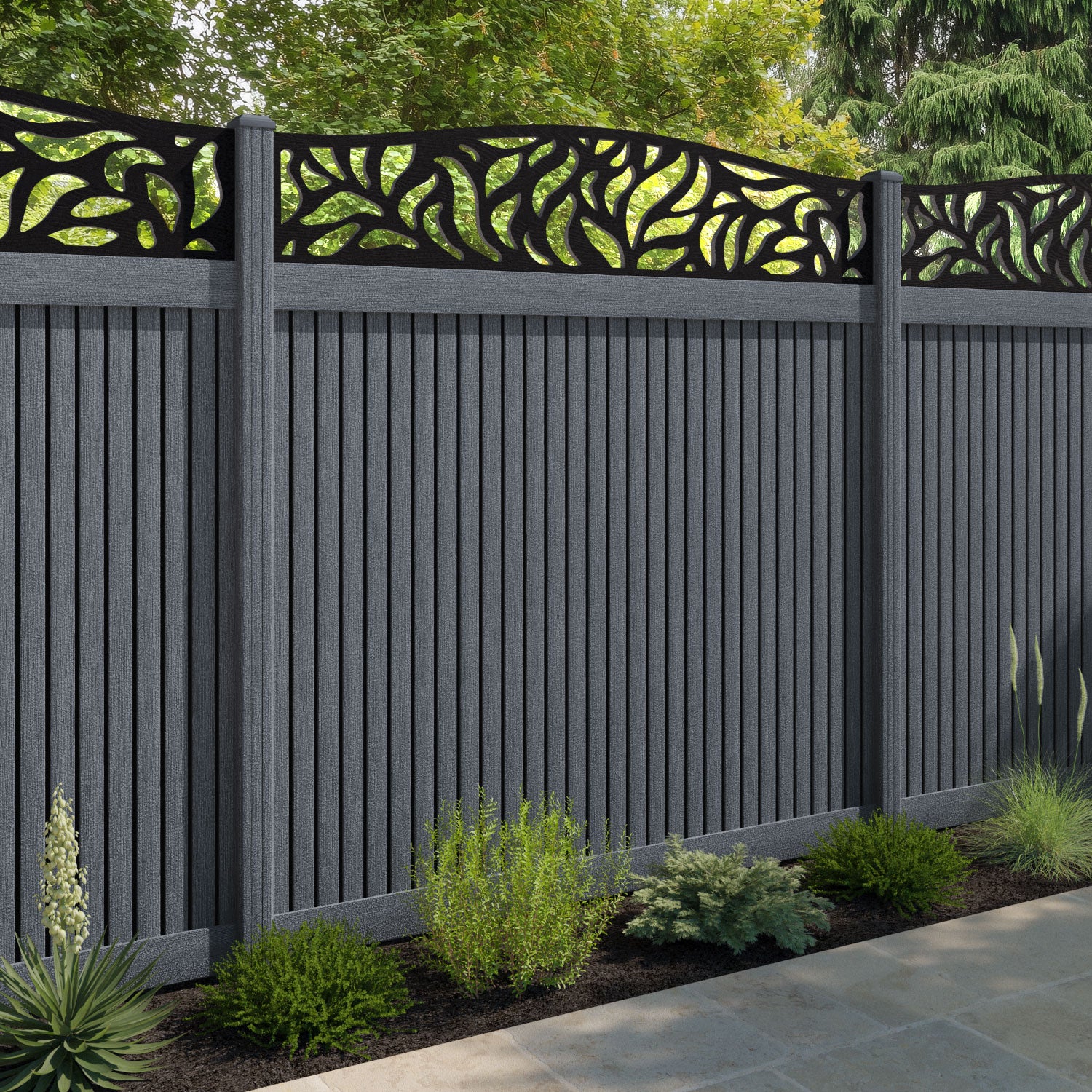 Virtis Plume Curved Top Fence Panel - Anthracite - with our composite posts