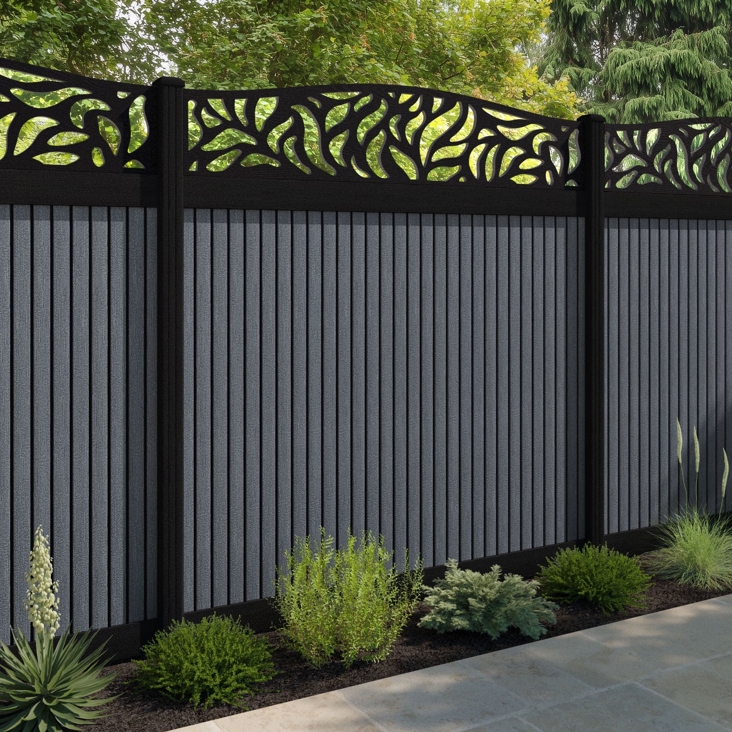 Virtis Plume Curved Top Fence Panel - Anthracite - with our aluminium posts