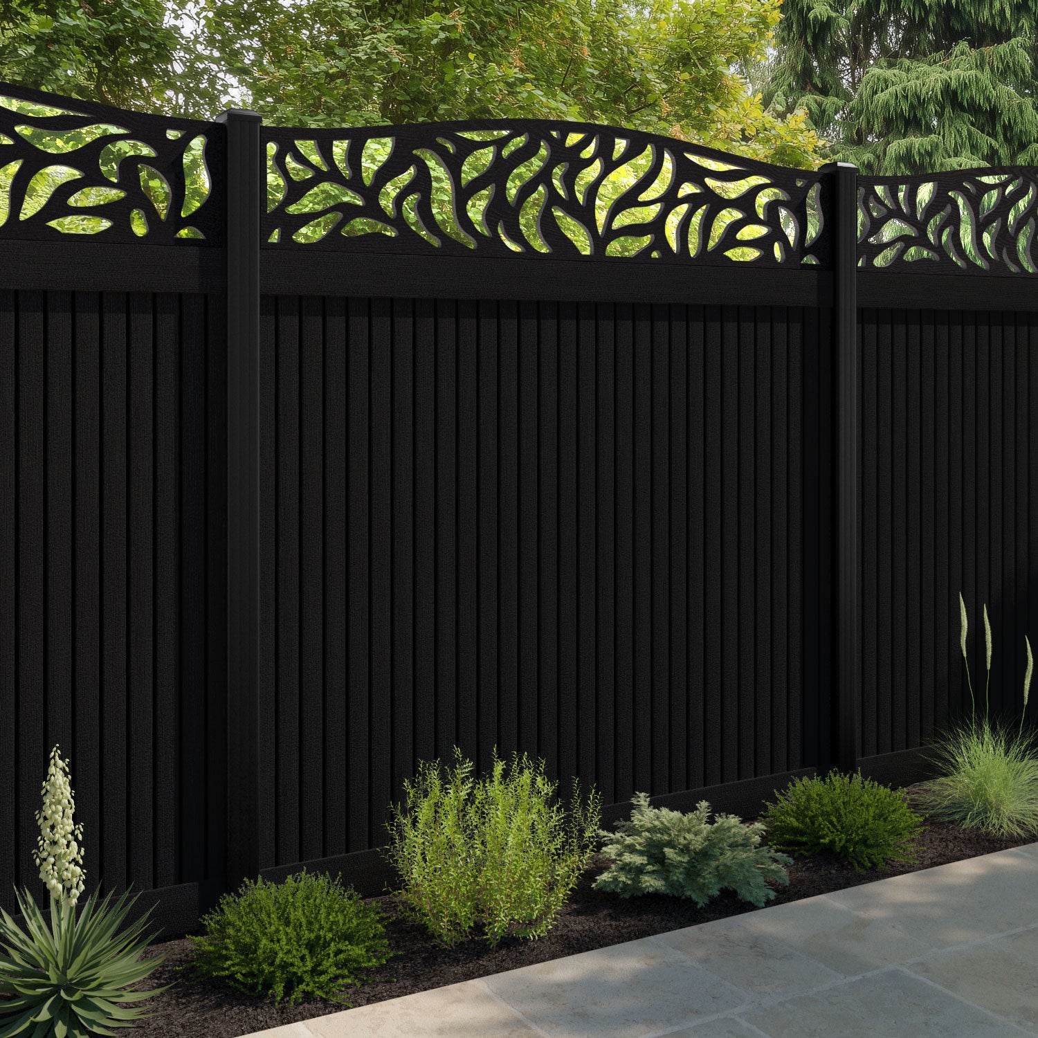 Virtis Plume Curved Top Fence Panel - Black - with our aluminium posts