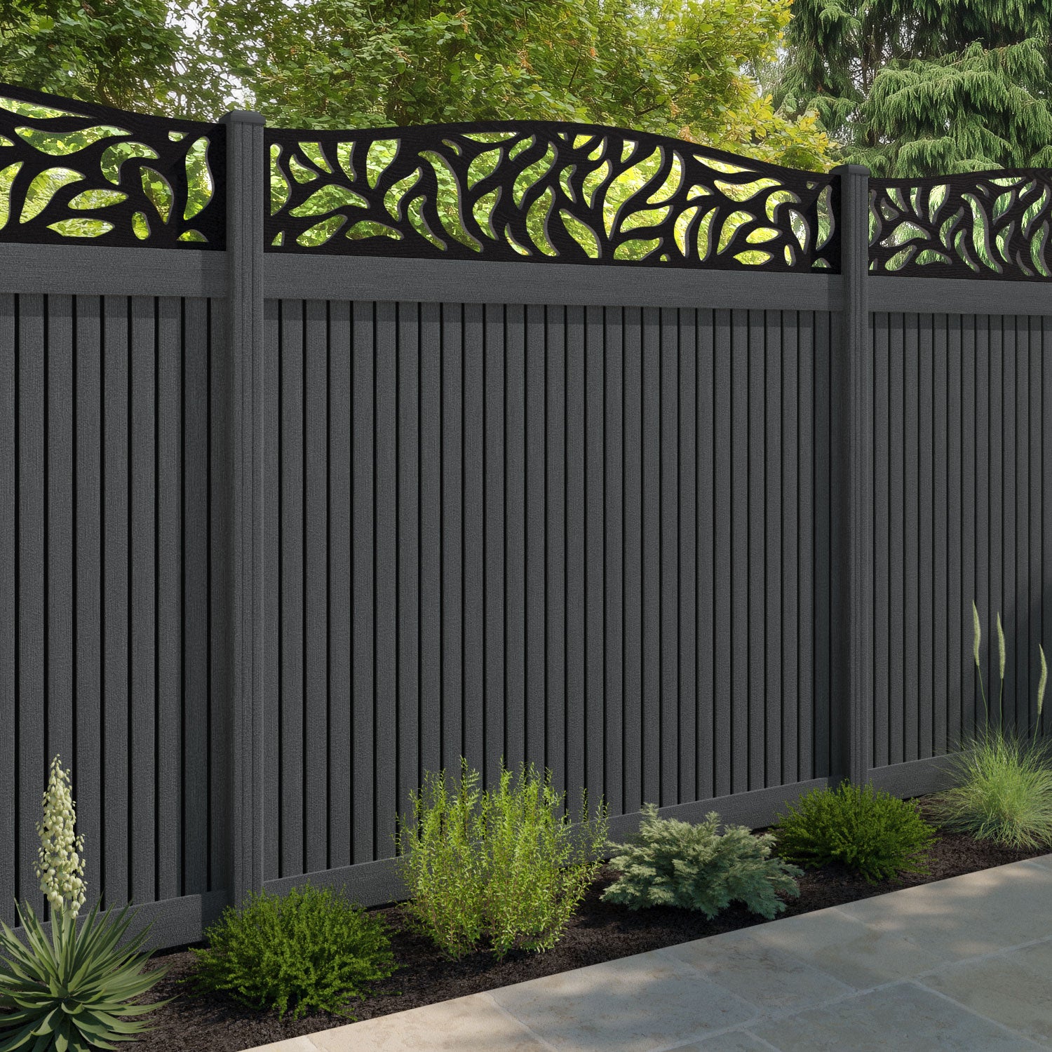 Virtis Plume Curved Top Fence Panel - Dark Grey - with our composite posts