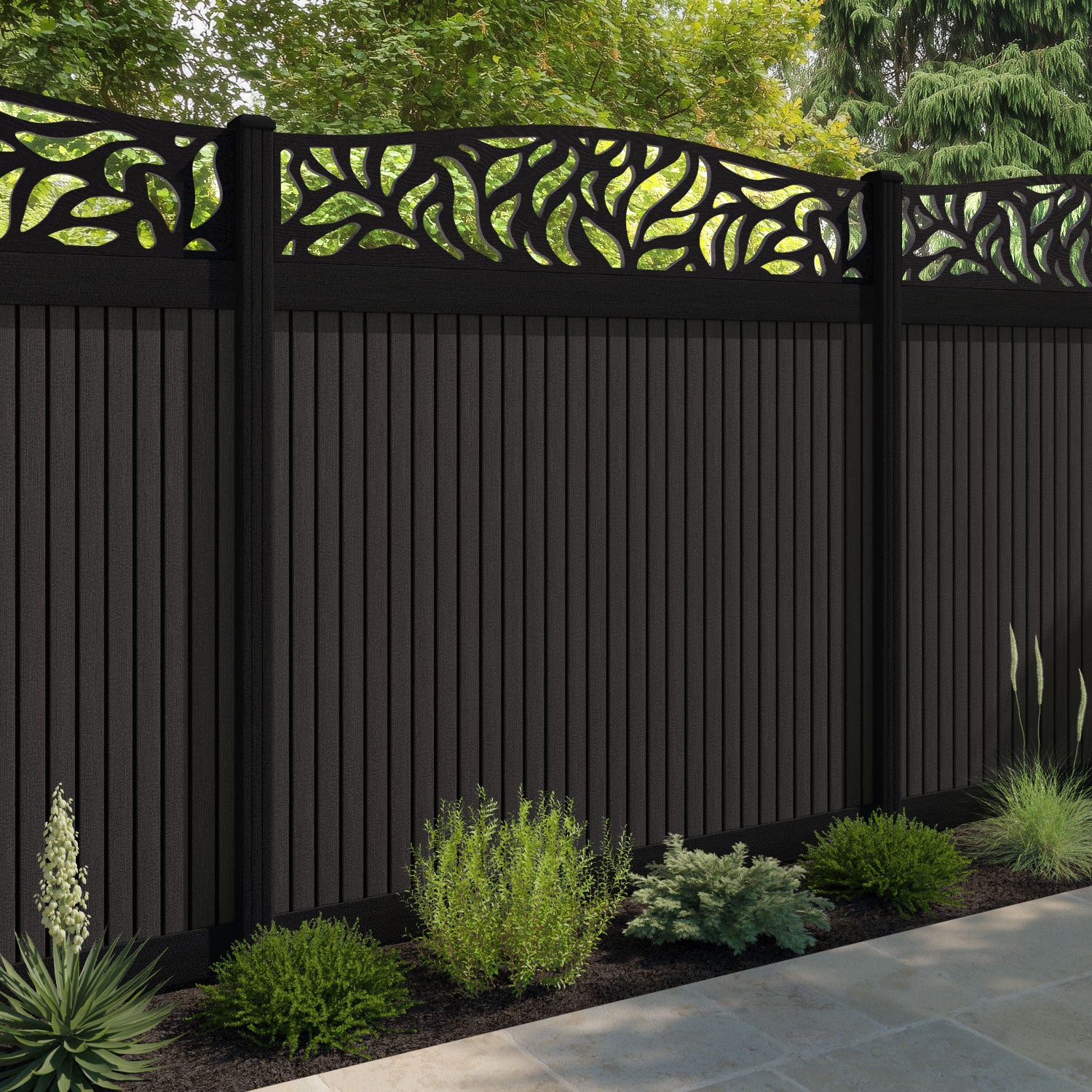 Virtis Plume Curved Top Fence Panel - Dark Oak - with our composite posts