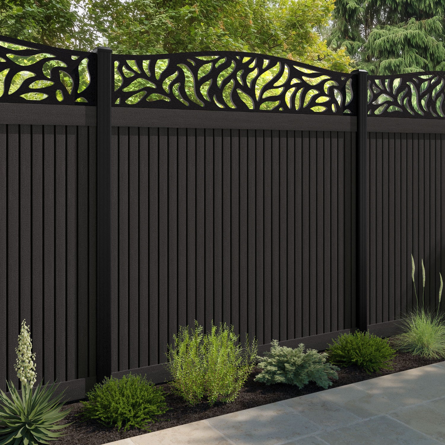 Virtis Plume Curved Top Fence Panel - Dark Oak - with our composite posts