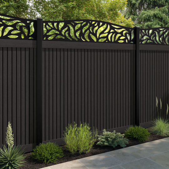 Virtis Plume Curved Top Fence Panel - Dark Oak - with our aluminium posts
