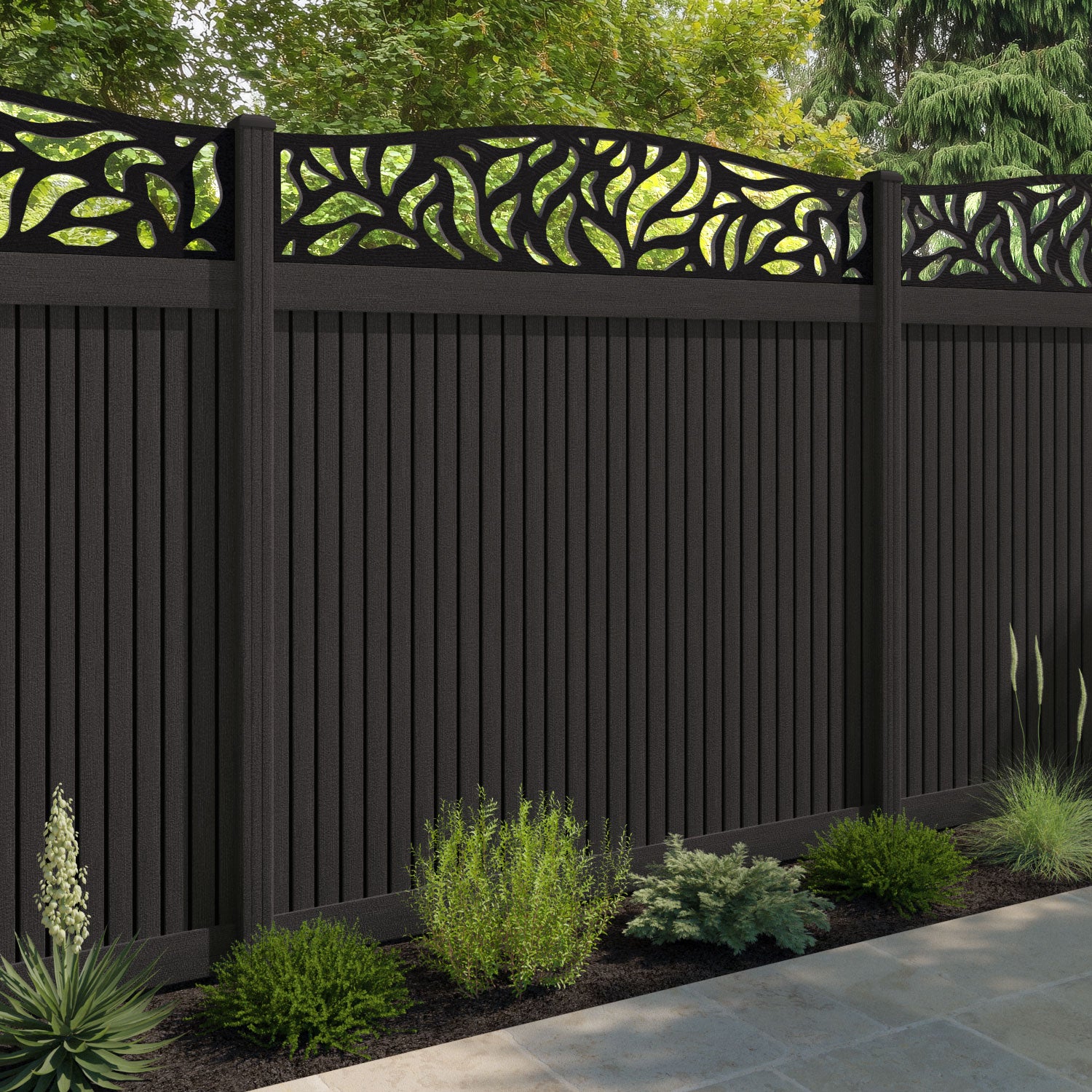 Virtis Plume Curved Top Fence Panel - Dark Oak - with our composite posts