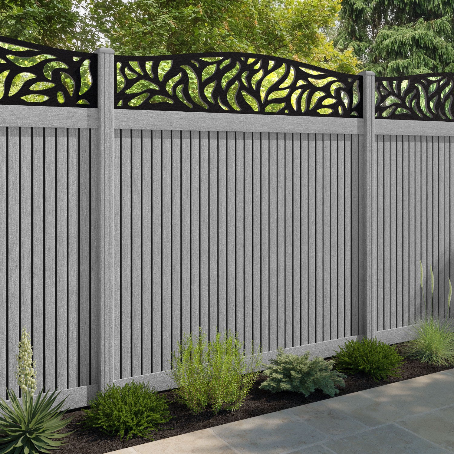 Virtis Plume Curved Top Fence Panel - Light Grey - with our composite posts