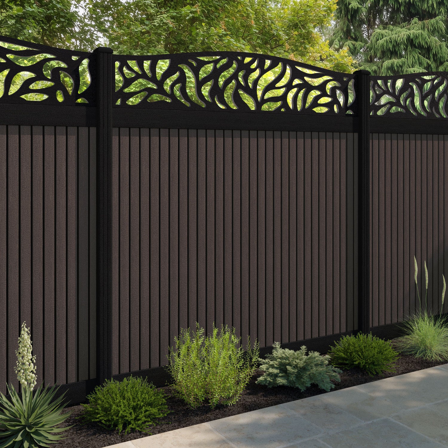 Virtis Plume Curved Top Fence Panel - Mid Brown - with our composite posts