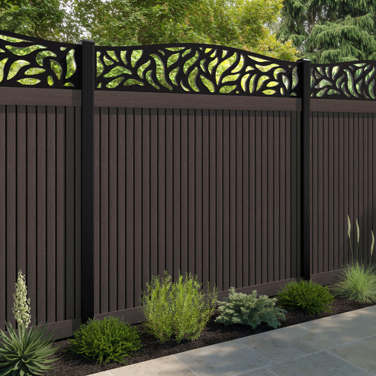 Virtis Plume Curved Top Fence Panel - Mid Brown - with our aluminium posts