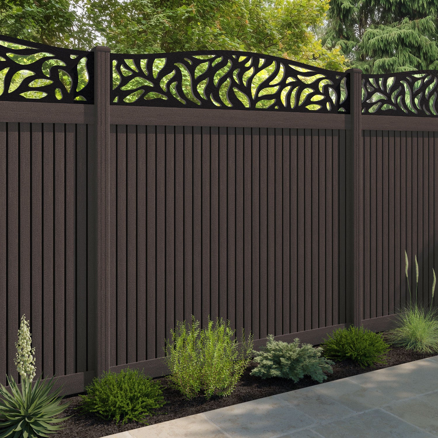 Virtis Plume Curved Top Fence Panel - Mid Brown - with our composite posts