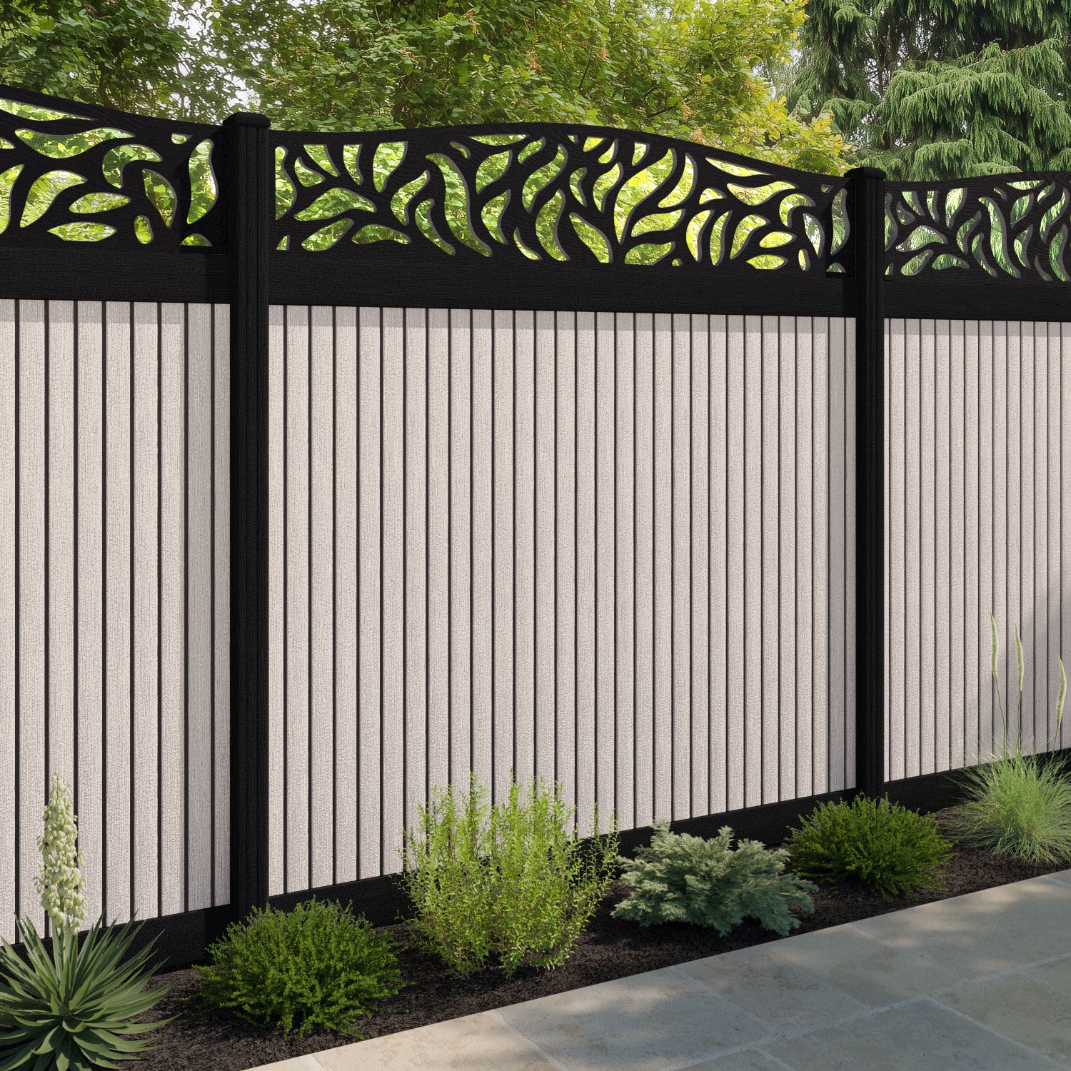 Virtis Plume Curved Top Fence Panel - Mid Stone - with our aluminium posts