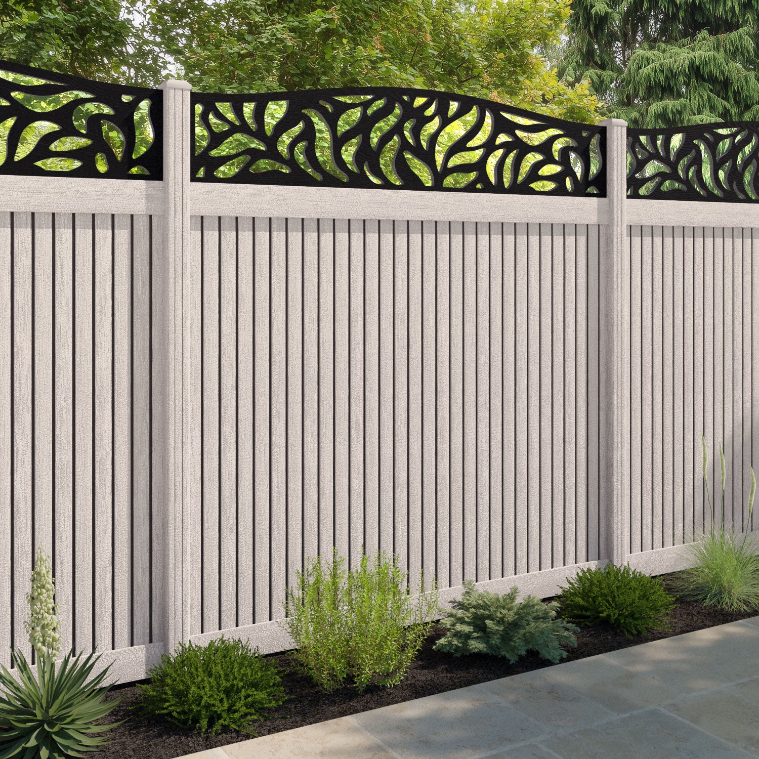 Virtis Plume Curved Top Fence Panel - Mid Stone - with our composite posts