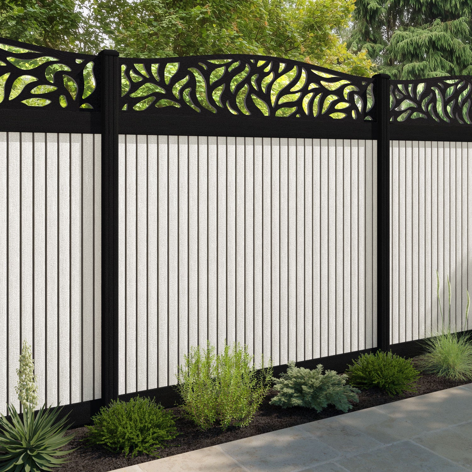 Virtis Plume Curved Top Fence Panel - Light Stone - with our aluminium posts