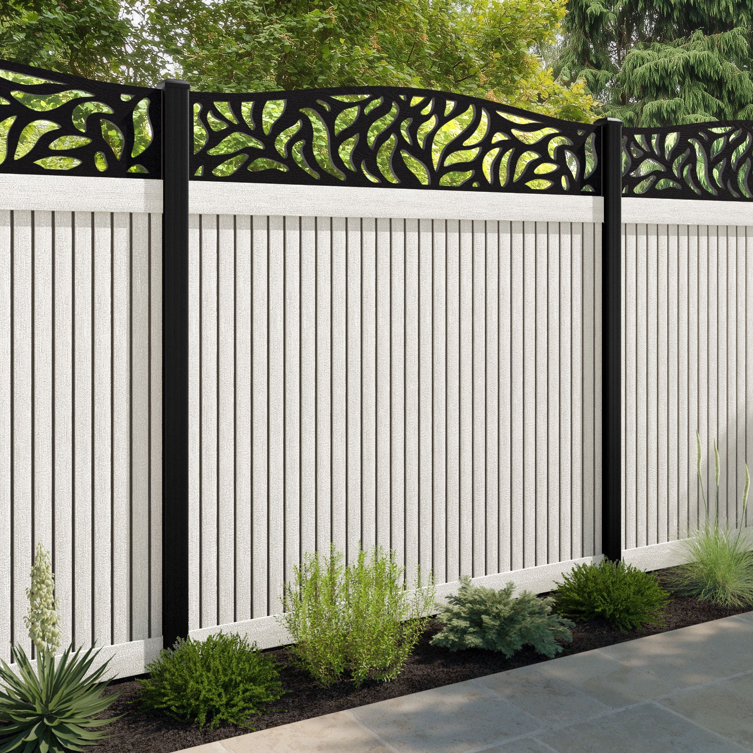 Virtis Plume Curved Top Fence Panel - Light Stone - with our aluminium posts