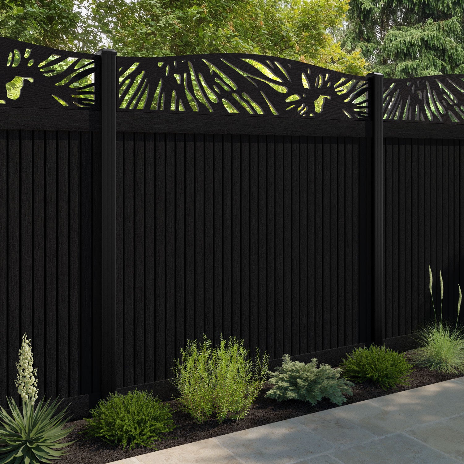 Virtis Poppy Curved Top Fence Panel - Black - with our aluminium posts
